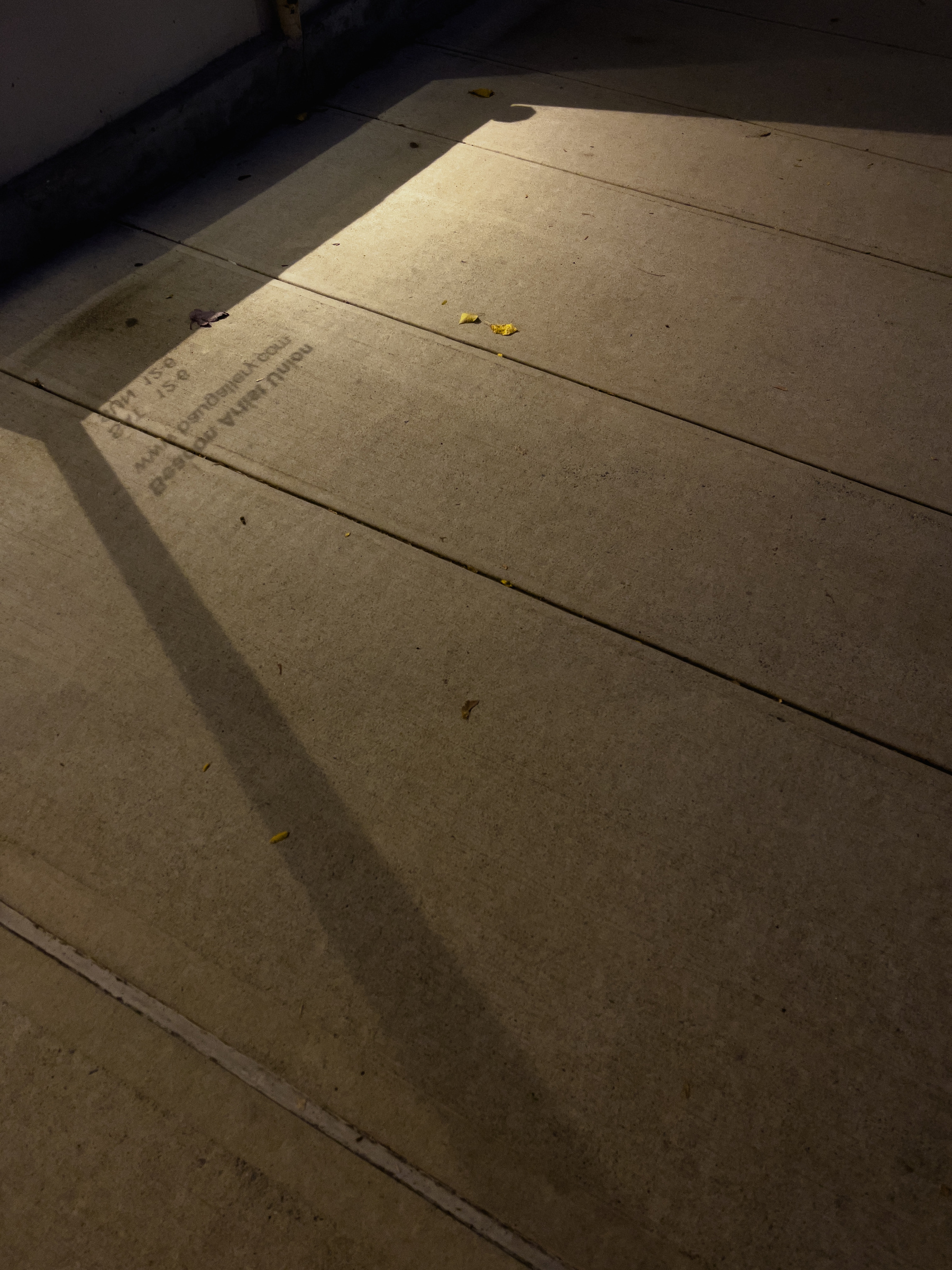 Light and shadow from storefront lighting on concrete sidewalk.