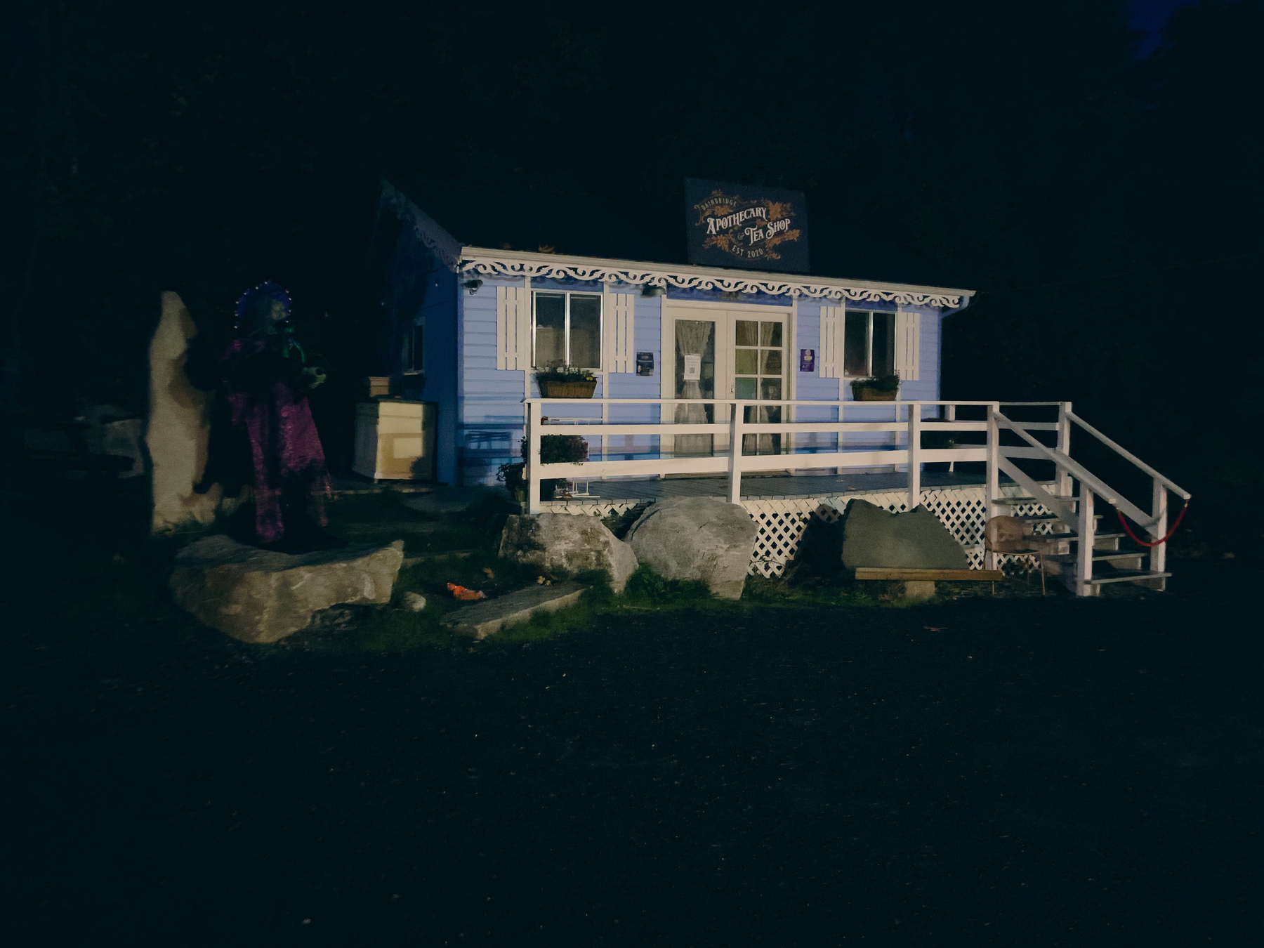 Blue commercial cottage lit by security lights.