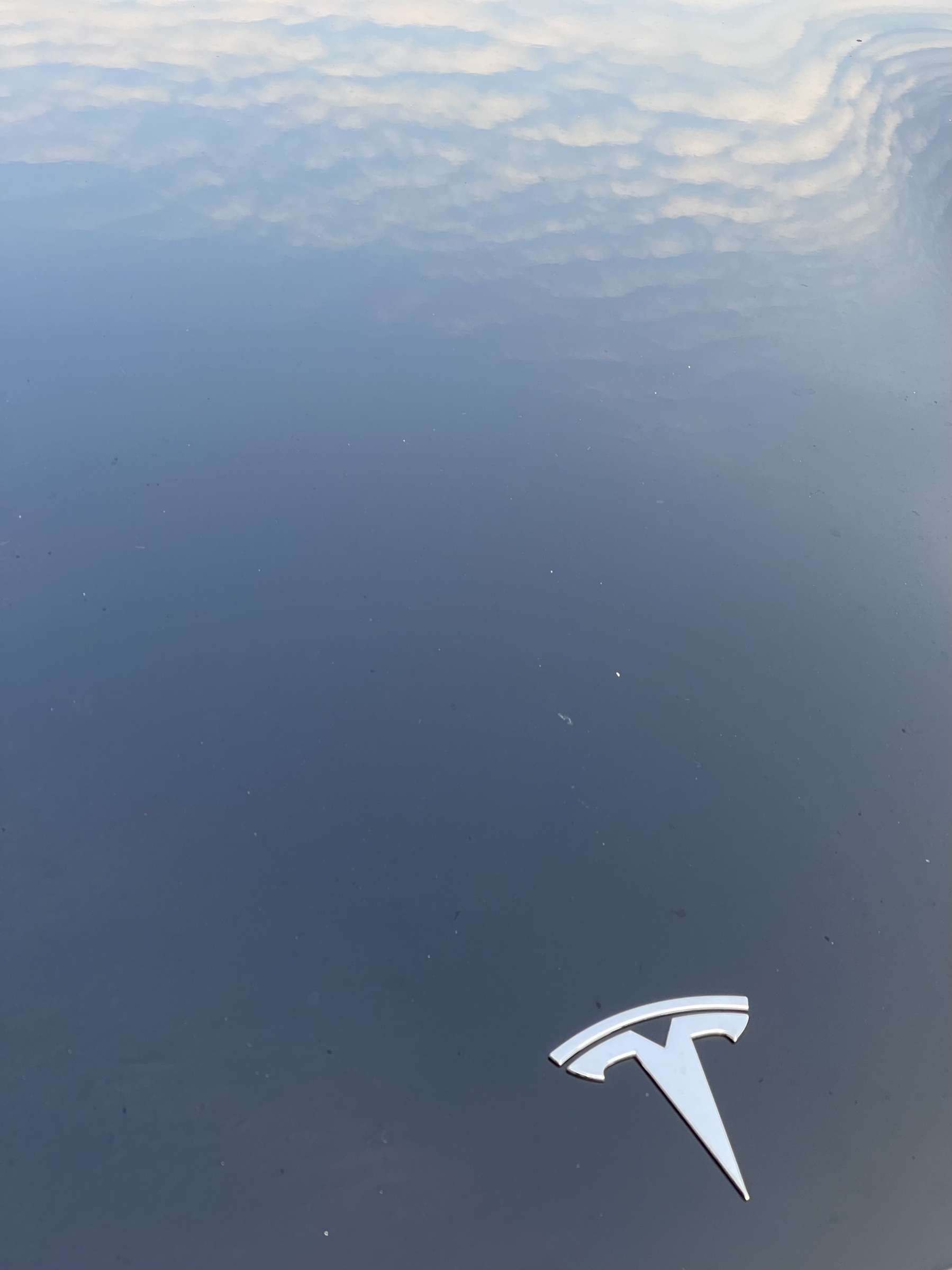 Sky reflection on the hood of a Tesla. Tesla logo in silver metal the lower right corner.