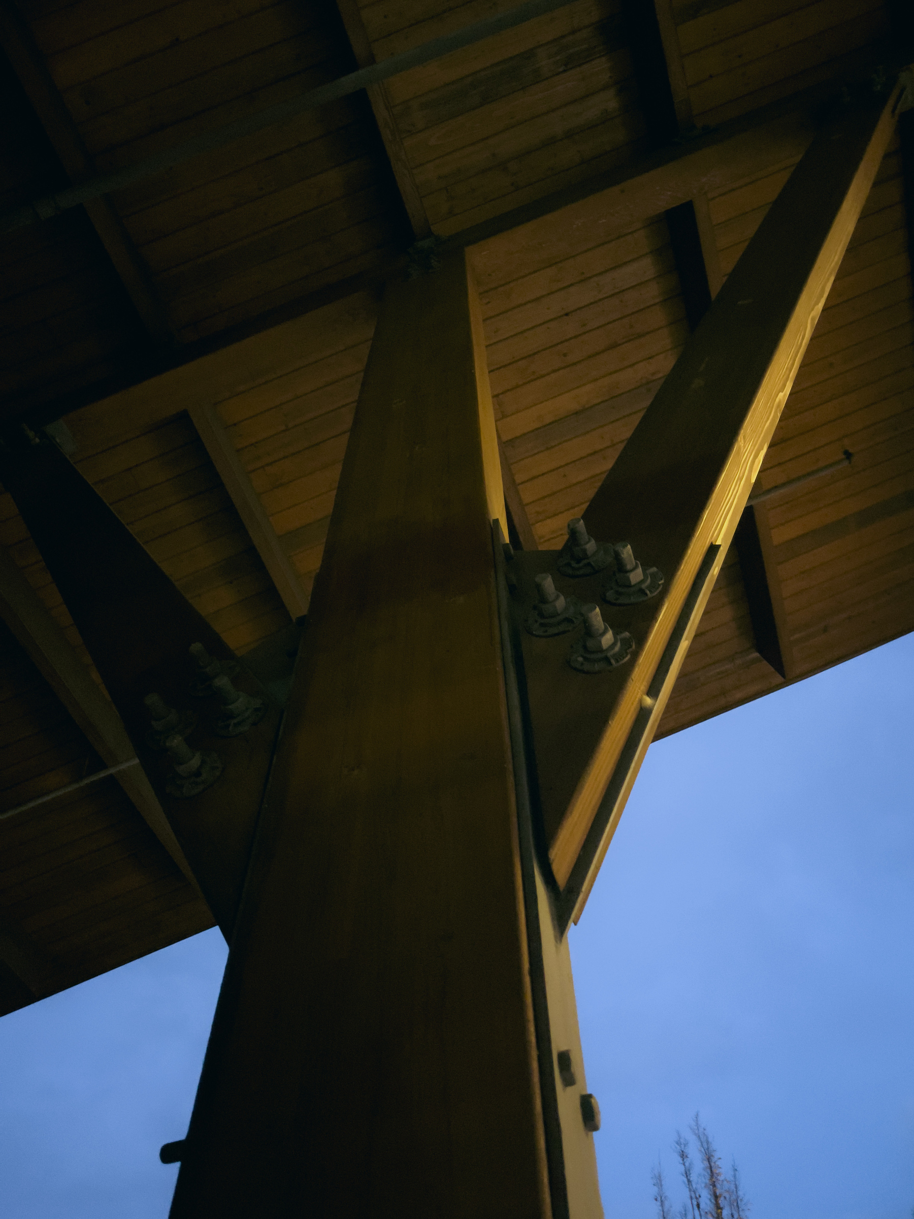 Timber frame building roof support column and diagonal braces.