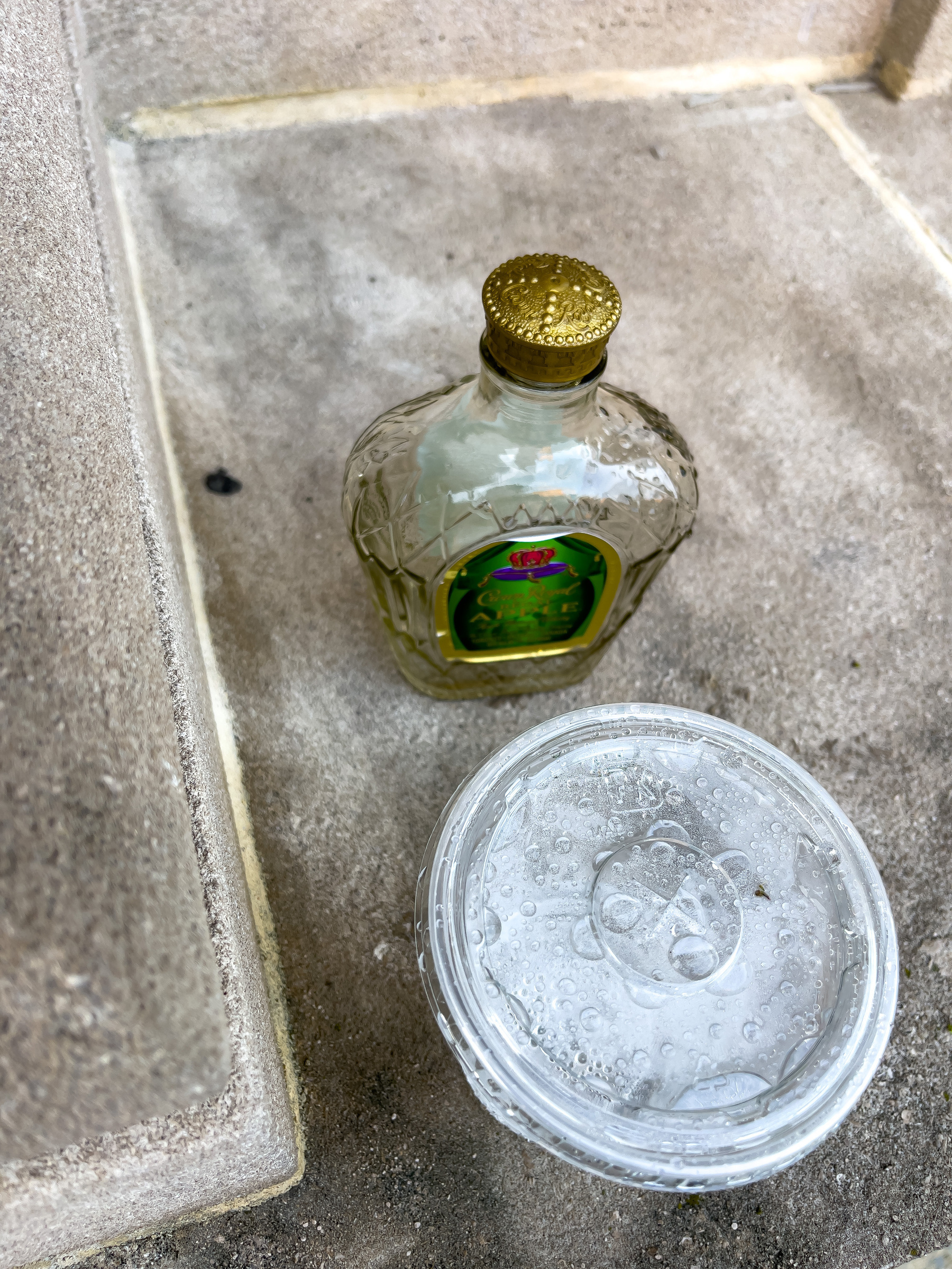 Plastic takeout cup and empty brandy bottle on stone ledge.