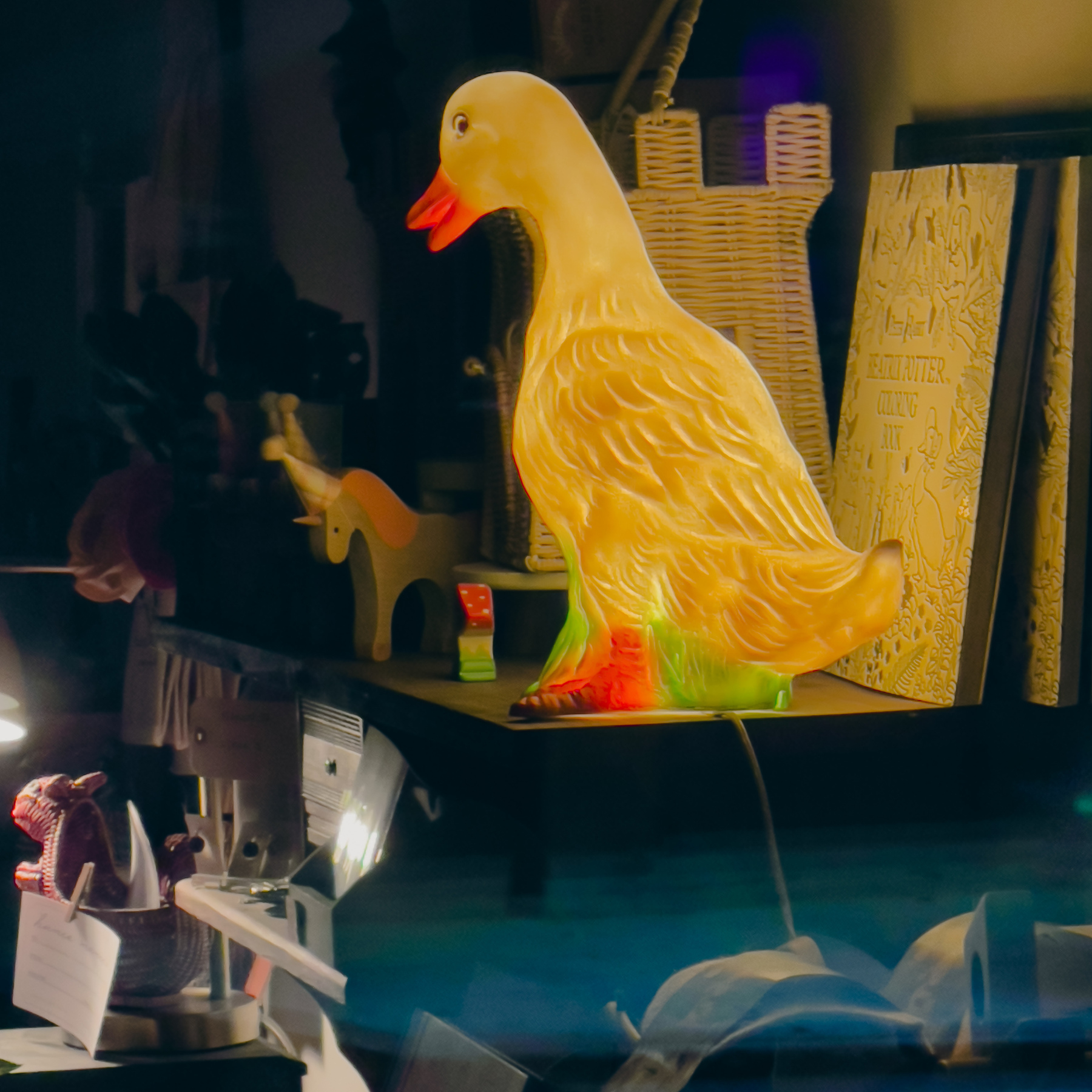 Plastic duck light fixture in a shop.