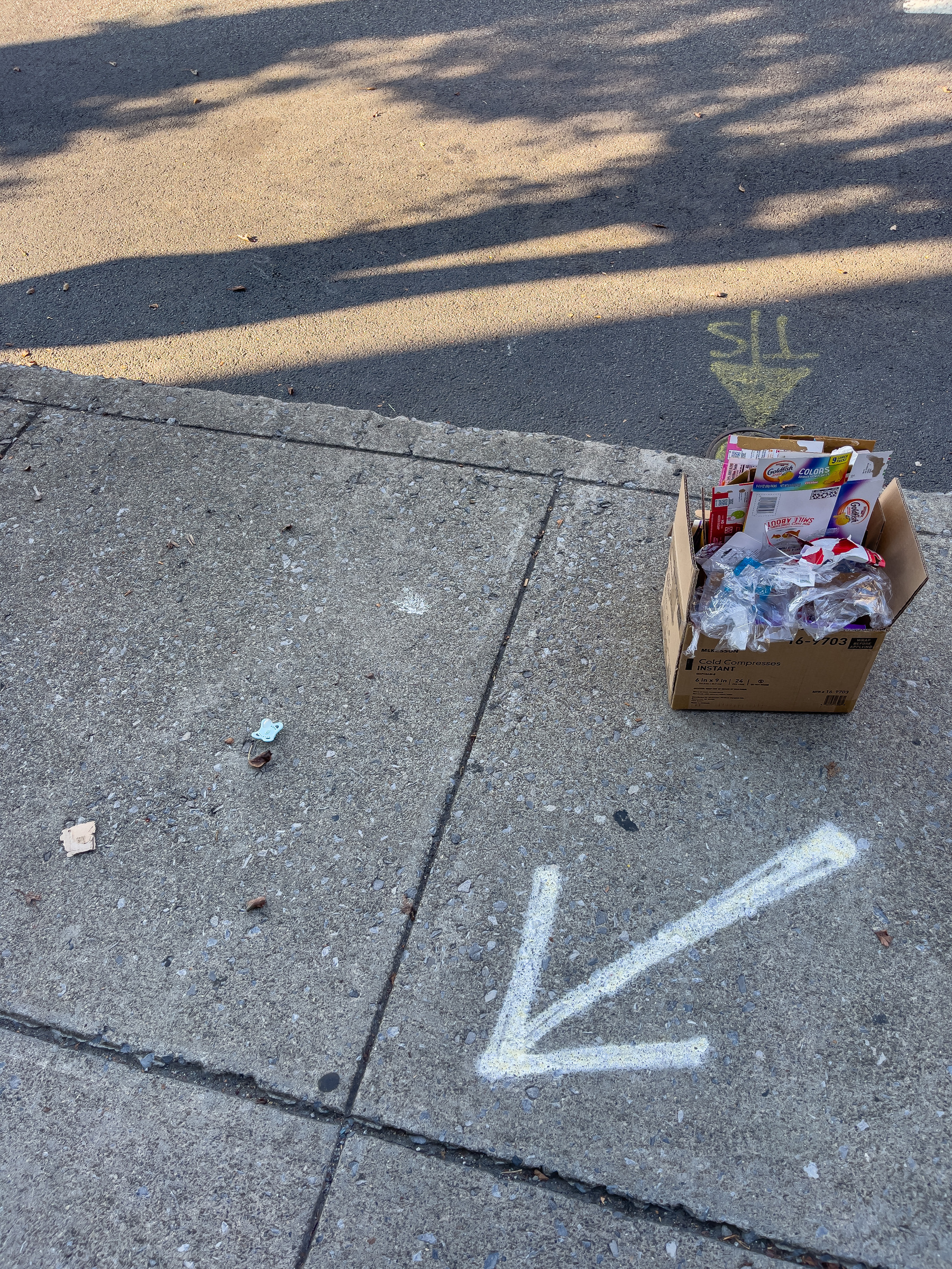 Box full of detritus, painted arrows and detritus scattered on the concrete pavement.