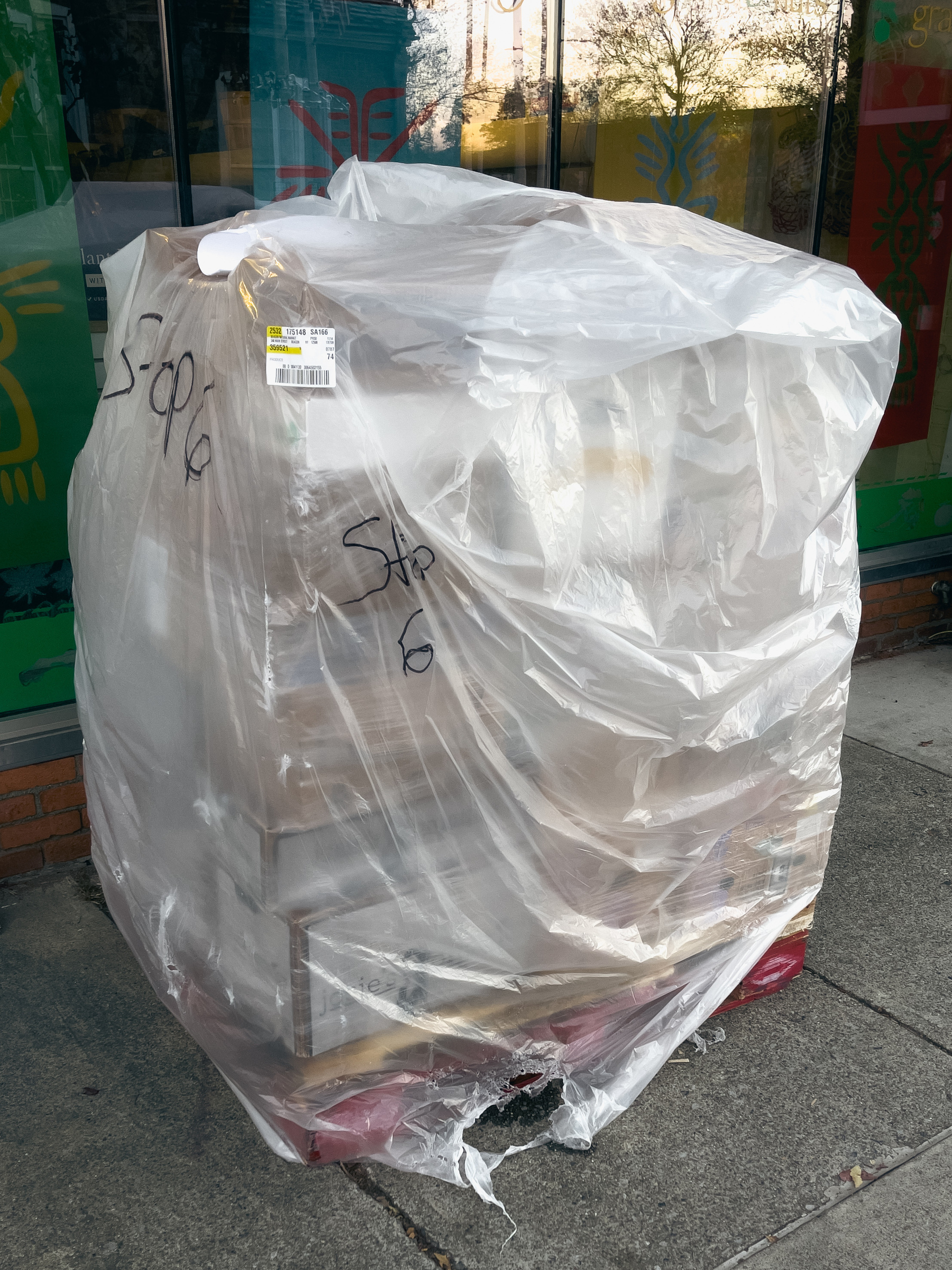 Palate of delivery boxes wrapped in plastic outside a store.