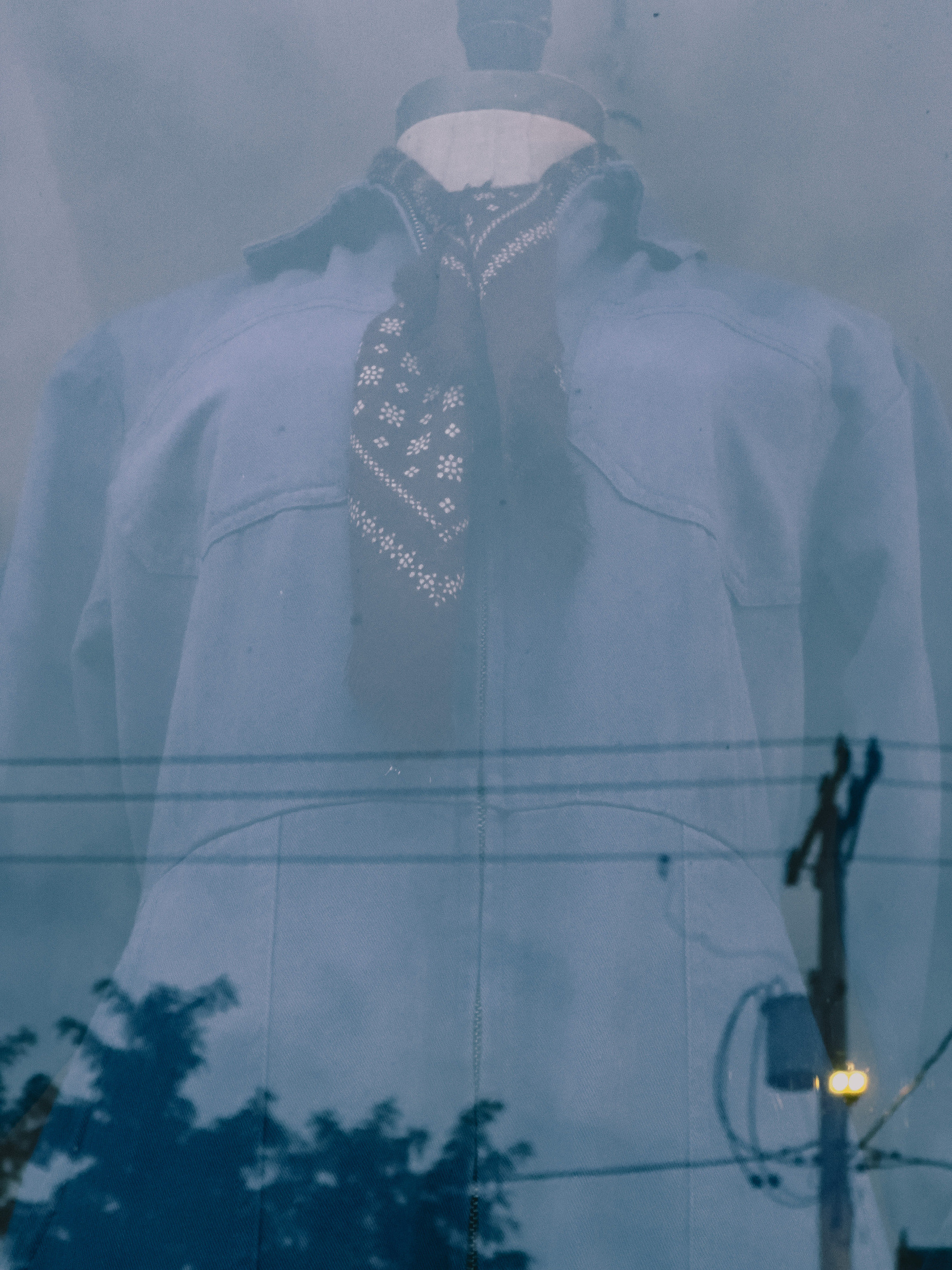 Women’s blue jumpsuit and neck scarf on mannequin with reflections of trees, utility pole and wires overlaid.