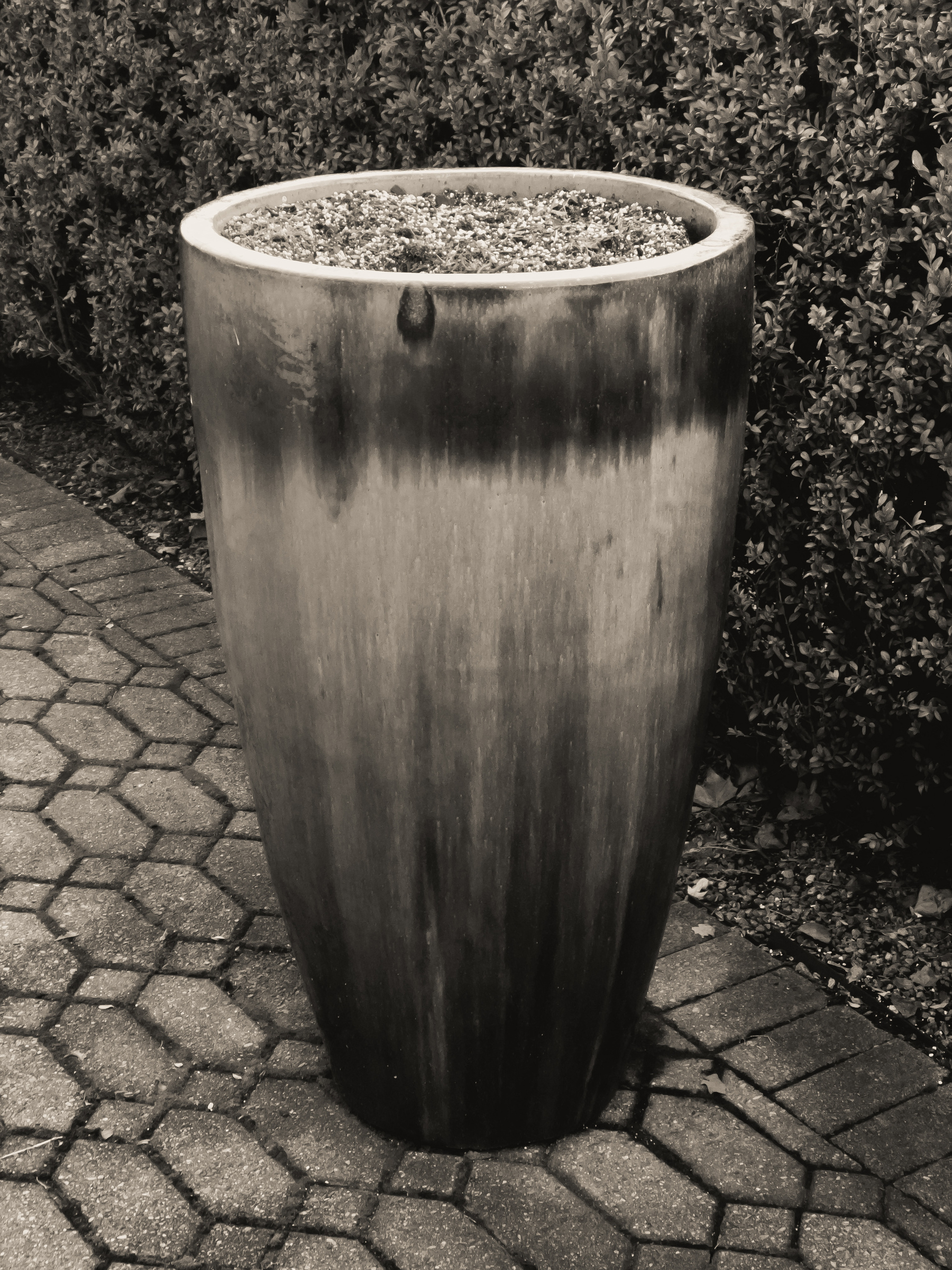 Large tall planter on a patio with manicured shrubs behind it.