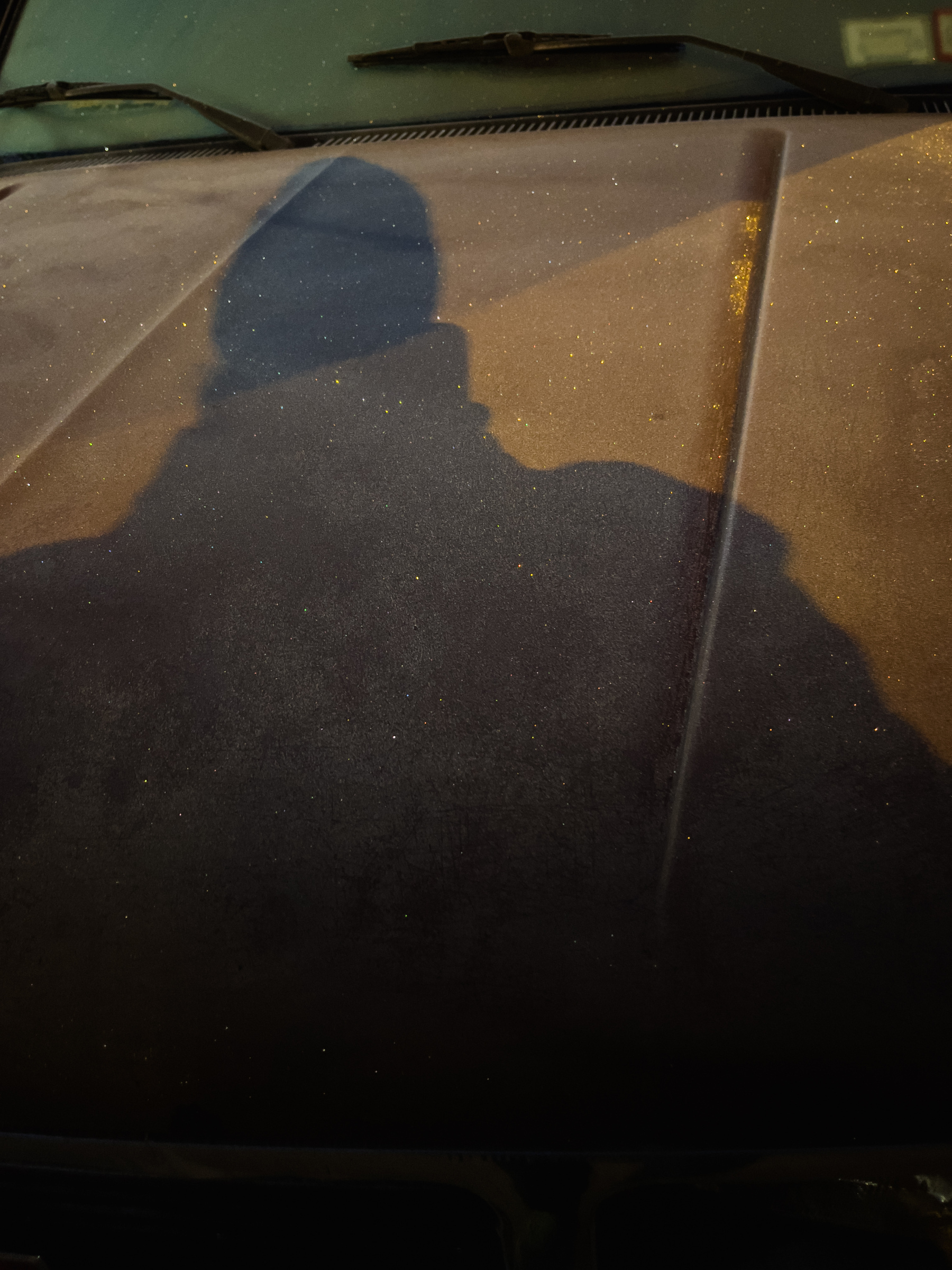 Shadow selfie on hood of a car in the early morning. Streetlight is source of light. Frost on the hood of the car.