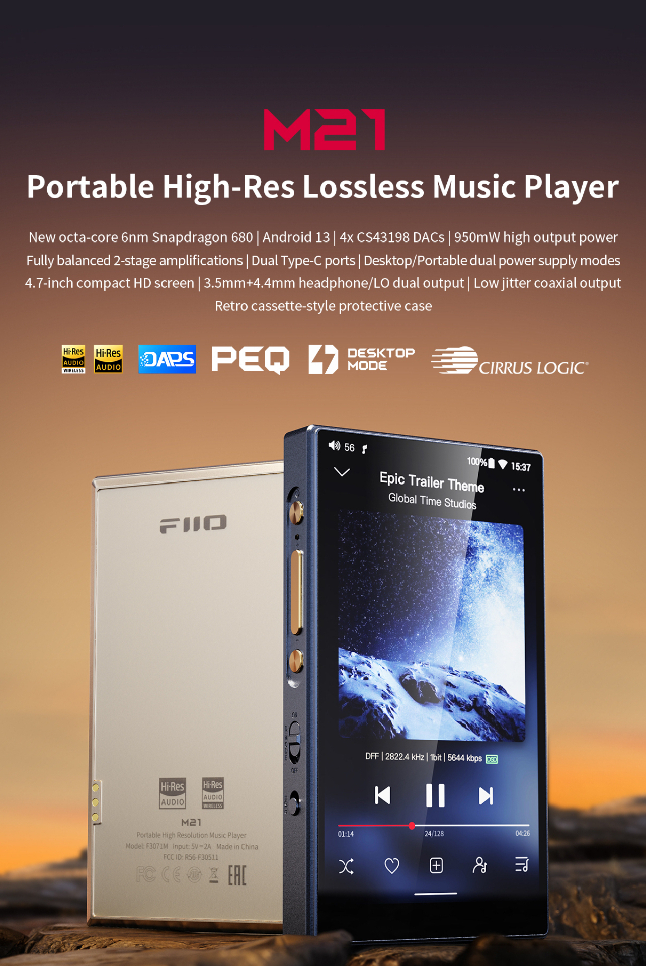A portable high-resolution lossless music player, labeled M21, is displayed with a focus on its features such as octa-core processor, multiple DACs, and various audio outputs, set against a background with a distinct product image.