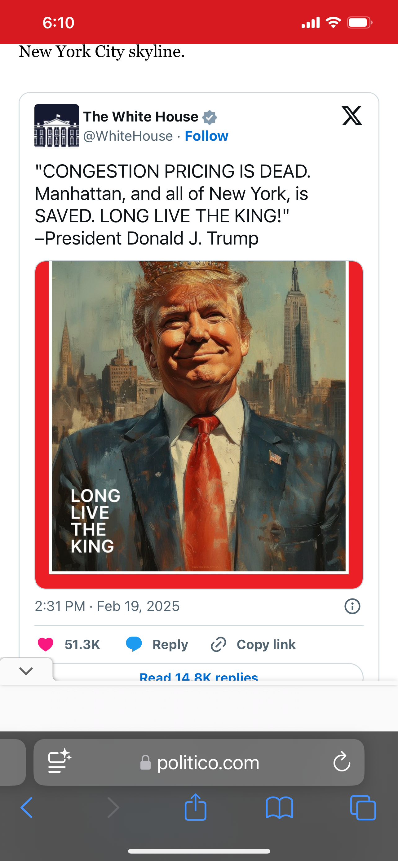 president trump on a faked time magazine cover with words “long live the king!”