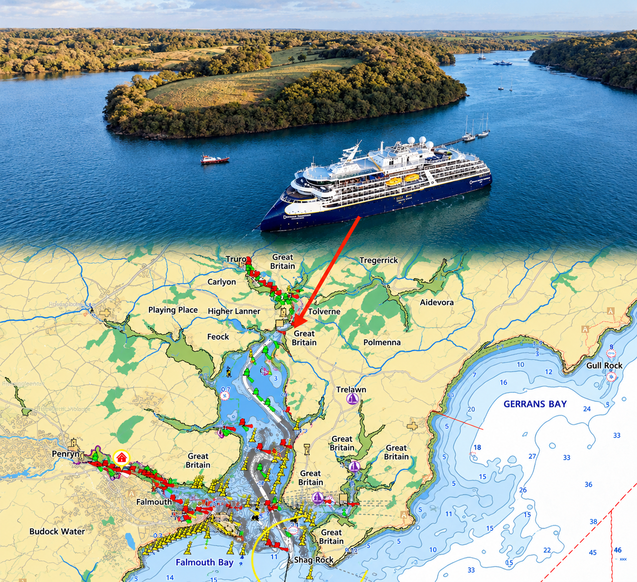 A large cruise ship navigates through a narrow river passage with lush greenery on both sides, while a detailed nautical map of the area is overlaid below showing various locations and water depths.