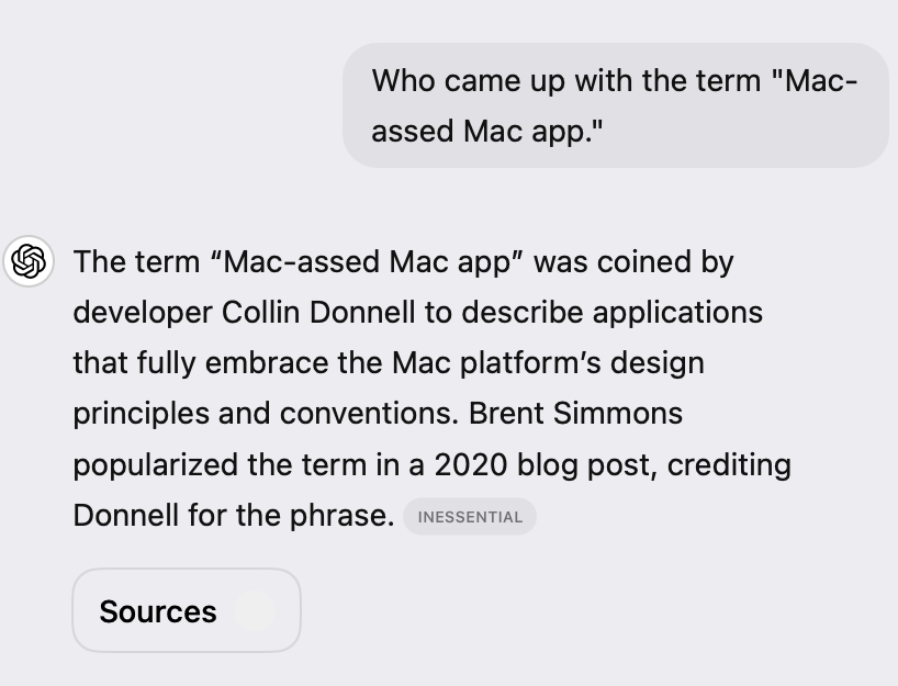 Asking ChatGPT who came up with the term “Mac-assed Mac app.”