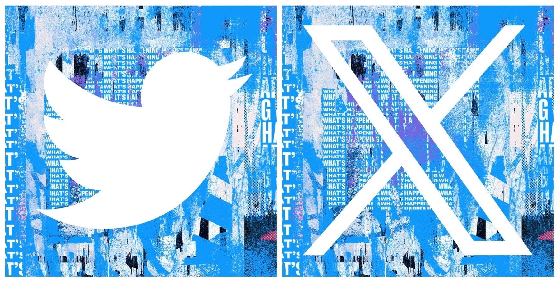 Old and new Twitter logos beside one another on Twitter's "what's happening" background