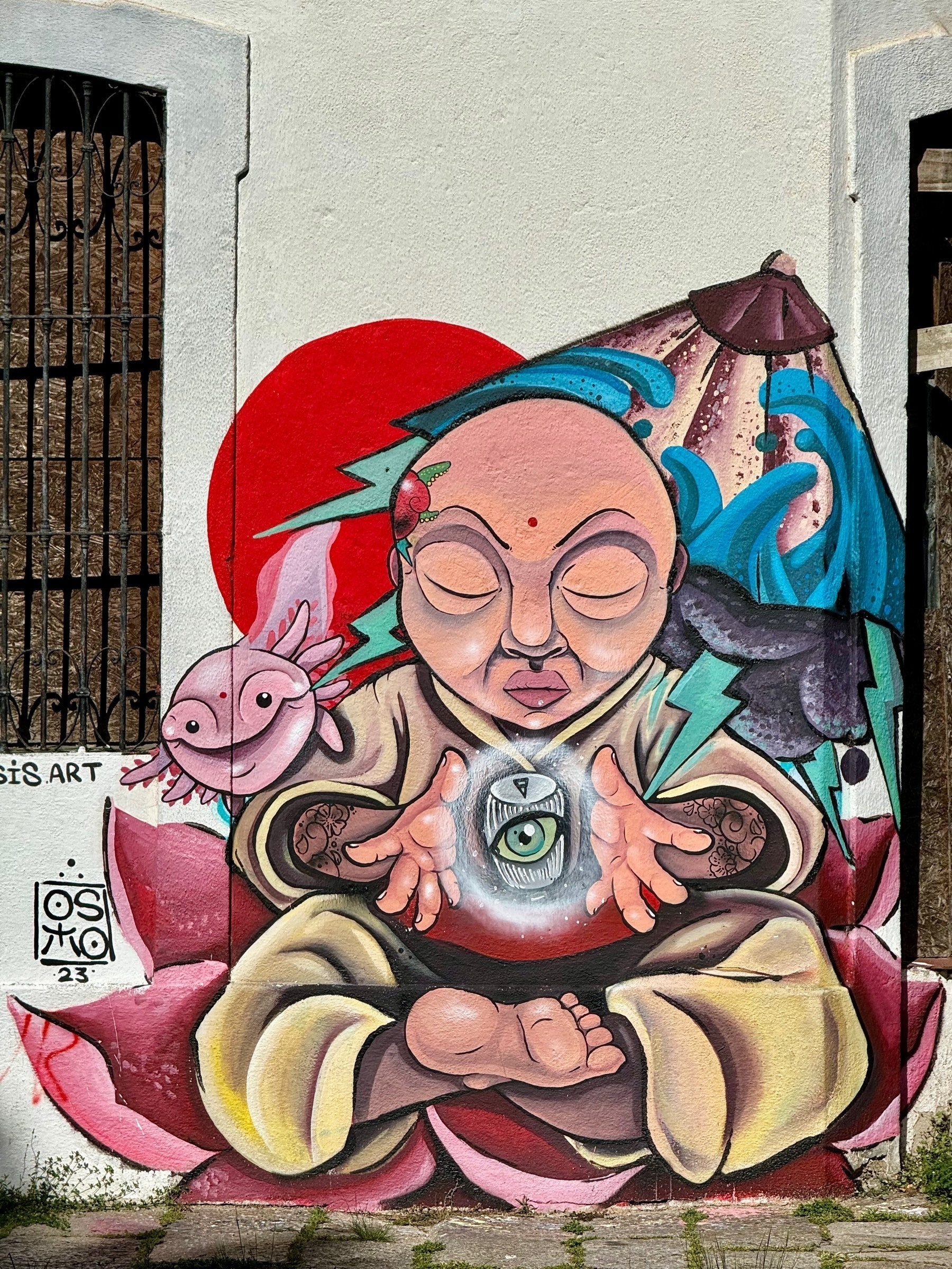 Wall mural of a monk-like person in meditation, sitting in the lotus position, a aura-surrounded drink can hovering between his hands, with a green eye in the middle