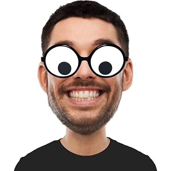Man with big head and googly eye glasses. 