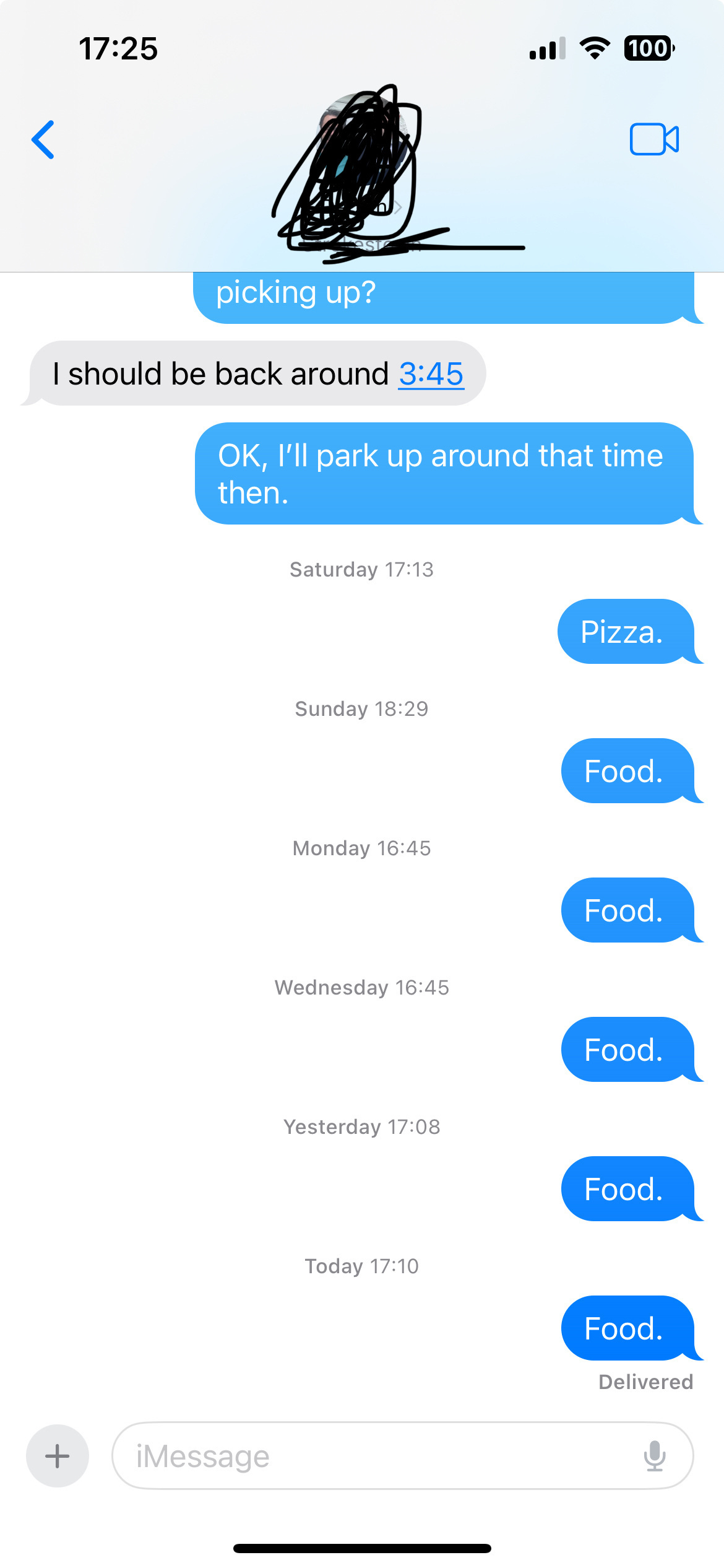 Screenshot showing one way food based exchange between dad and son. 