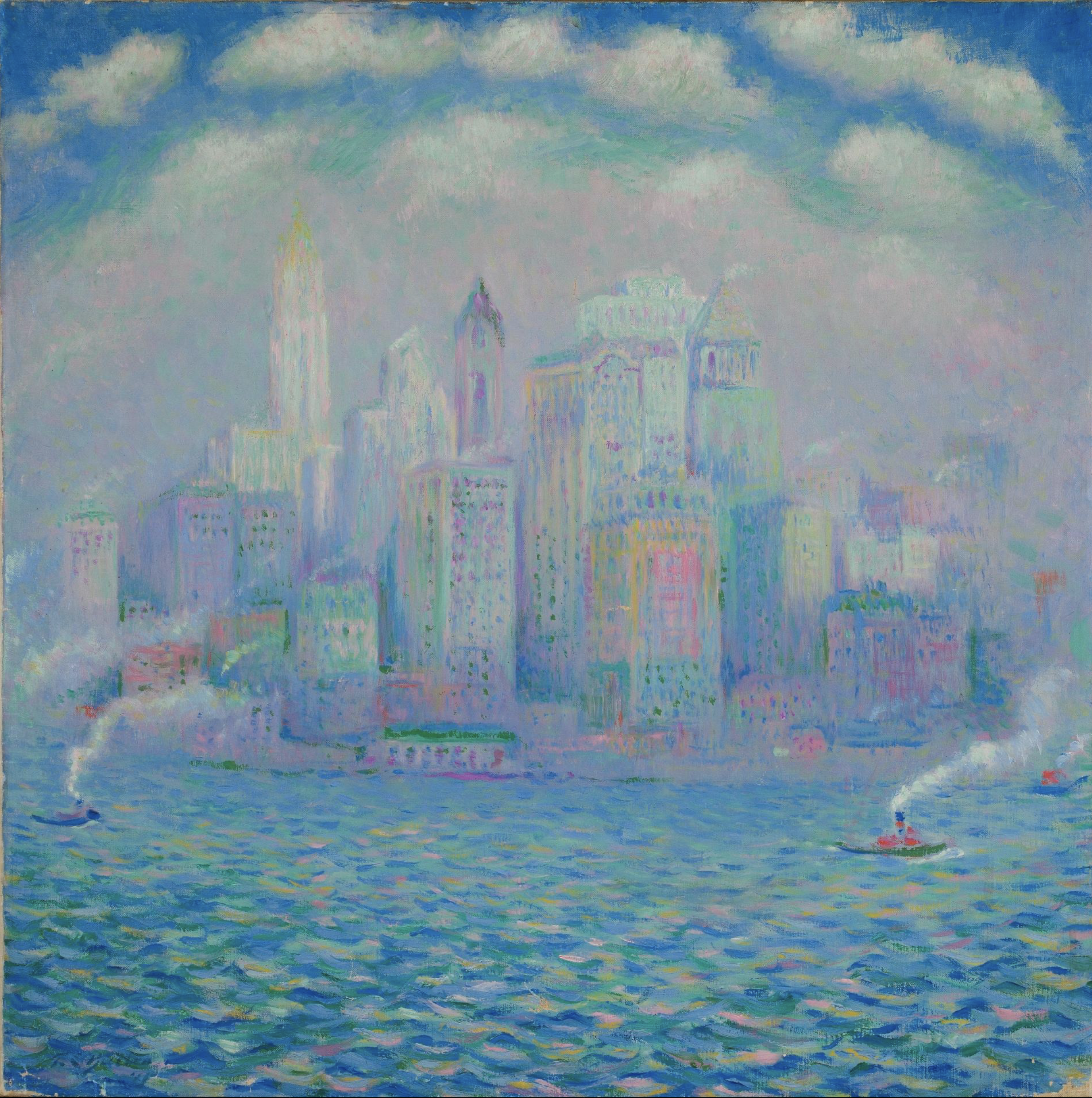 Auto-generated description: A colorful, impressionistic painting depicts a city skyline with skyscrapers and two boats in the foreground on a shimmering body of water.