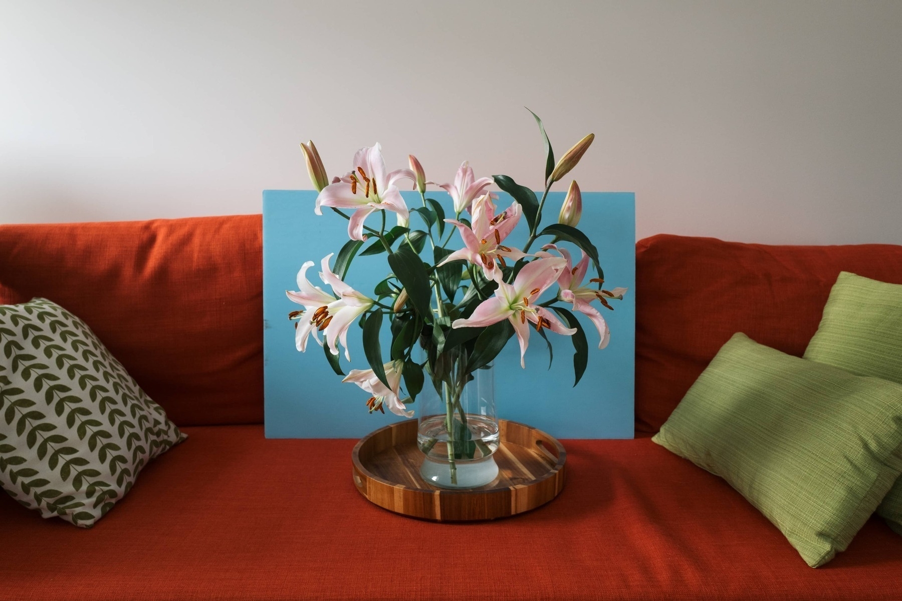 Vase of lilies on a couch with a blue piece of paper behind the flowers - Leica Q