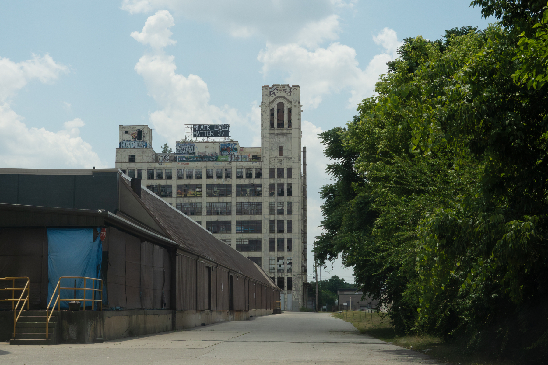 Black Lives Matter banner on the top of the abandoned Crosley Building in the Camp Washington neighrborhood of Cincinnati - Sony RX100