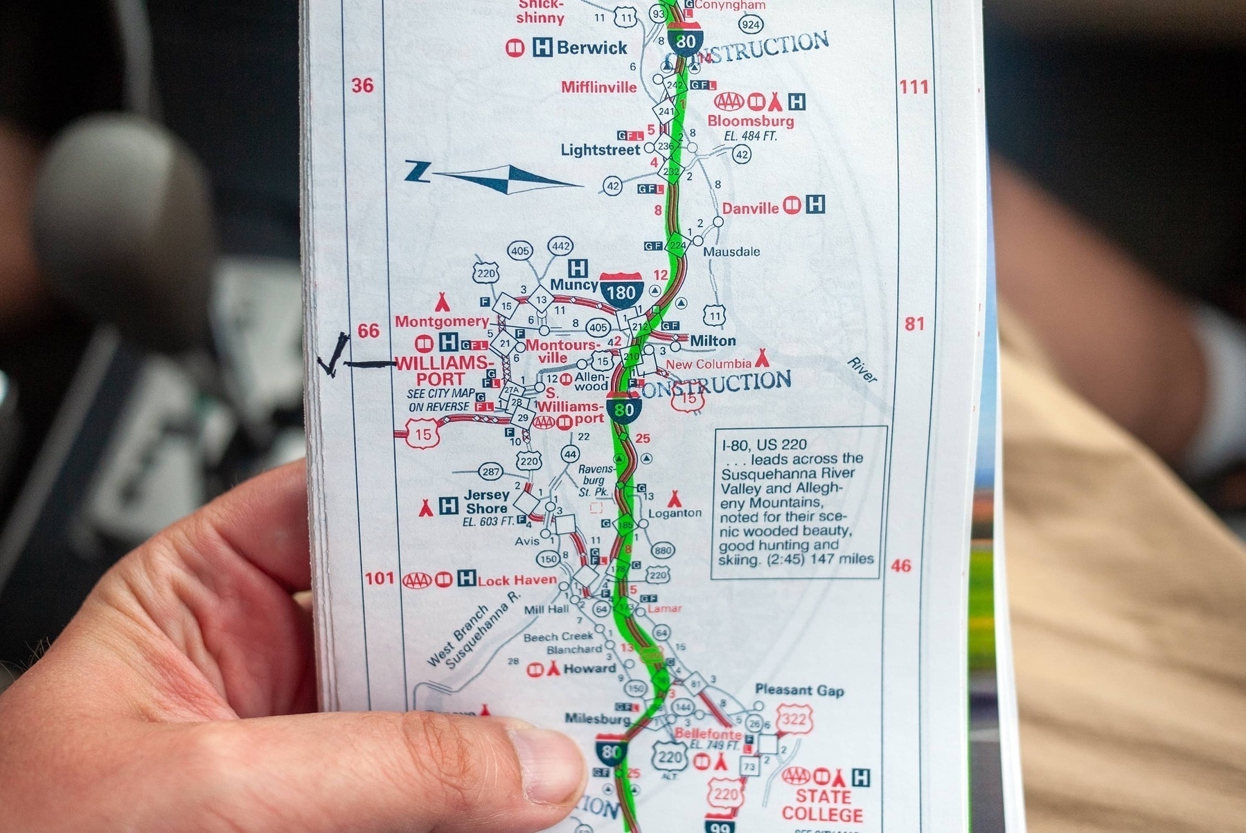 AAA TripTik map through Pennsylvania with a green highlighter on the highway meaning no road construction! - Pansonic Lumix GF1