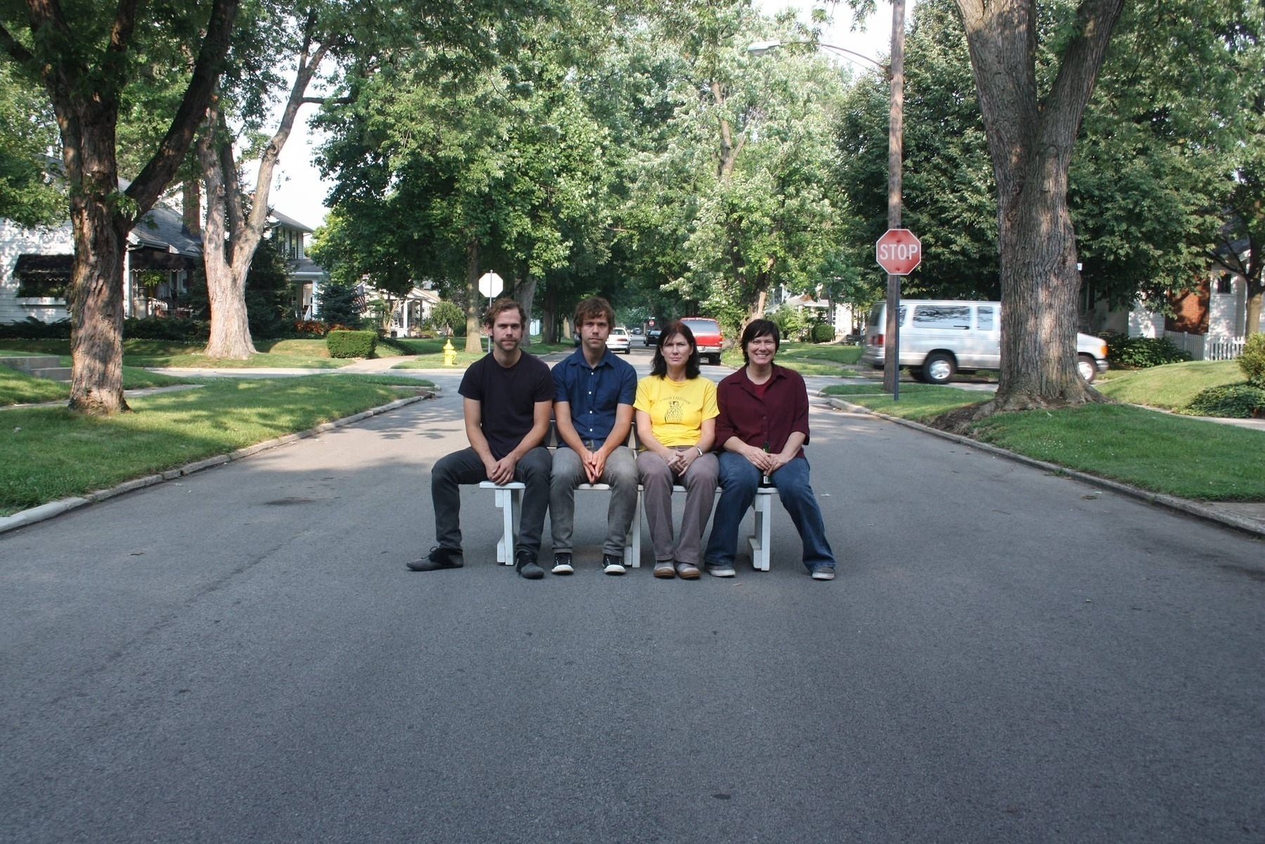 Dessner and Deal twins on a bench in Dayton, Ohio - Canon Rebel XSi