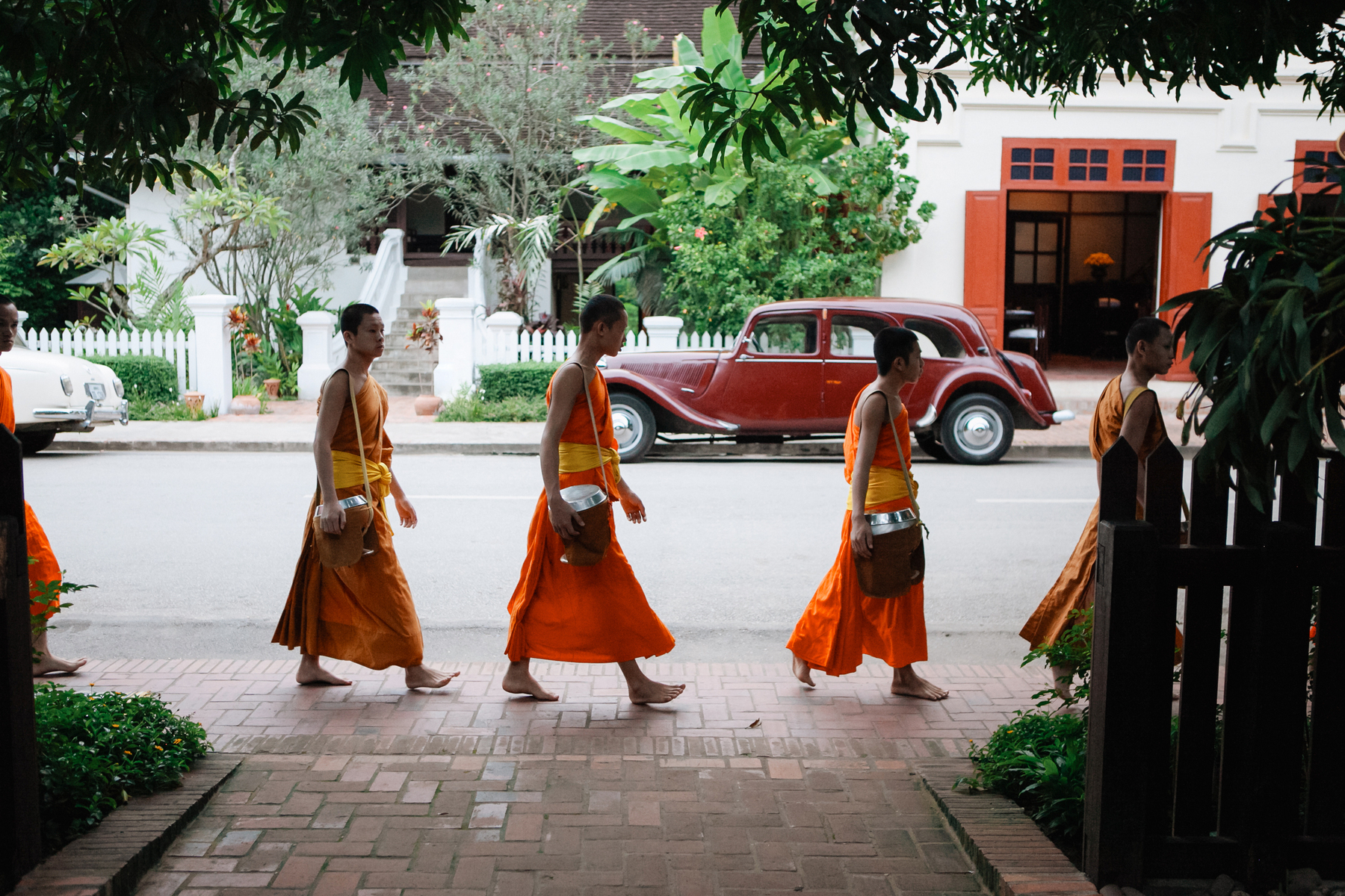 Monks walk through the streets of Luang Prabang in saffron robes with bowls for rice as a morning meditation - Canon 5D Mark II