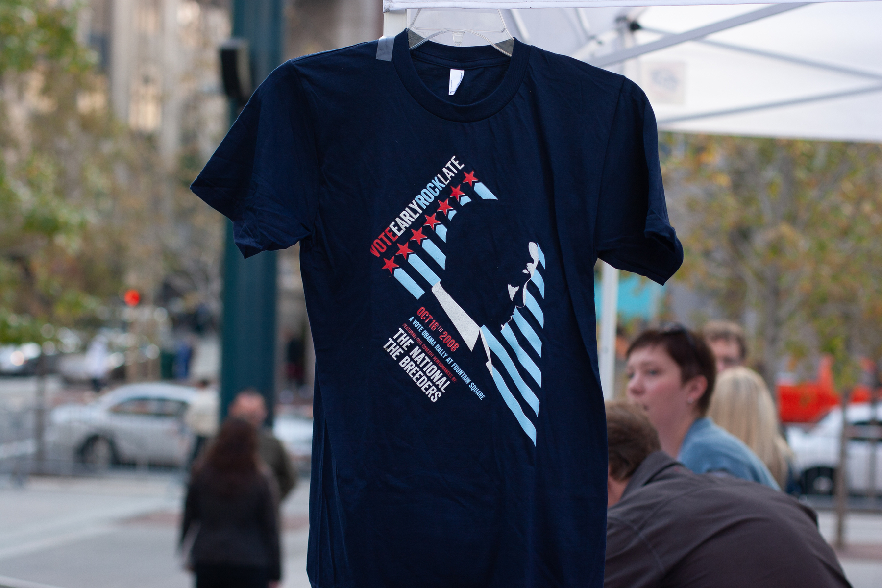 VOTE EARLY ROCK LATE t-shirt featuring a silhouette of Obama with type that features The Breeders and The National 