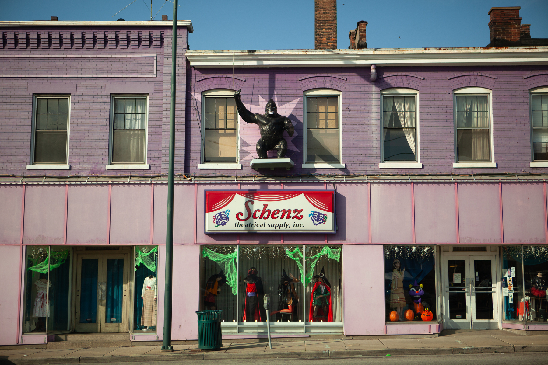 Schenz Theatrical Supply storefront in Camp Washington, Cincinnati. There's a gorilla above the sign. - Canon 5D Mark II