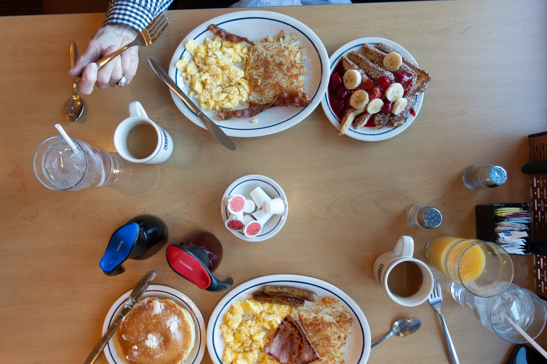 Eggs and bacon and Canadian bacon and has browns and French Toast and pancakes and coffee and orange juice and sausage - Sony RX100