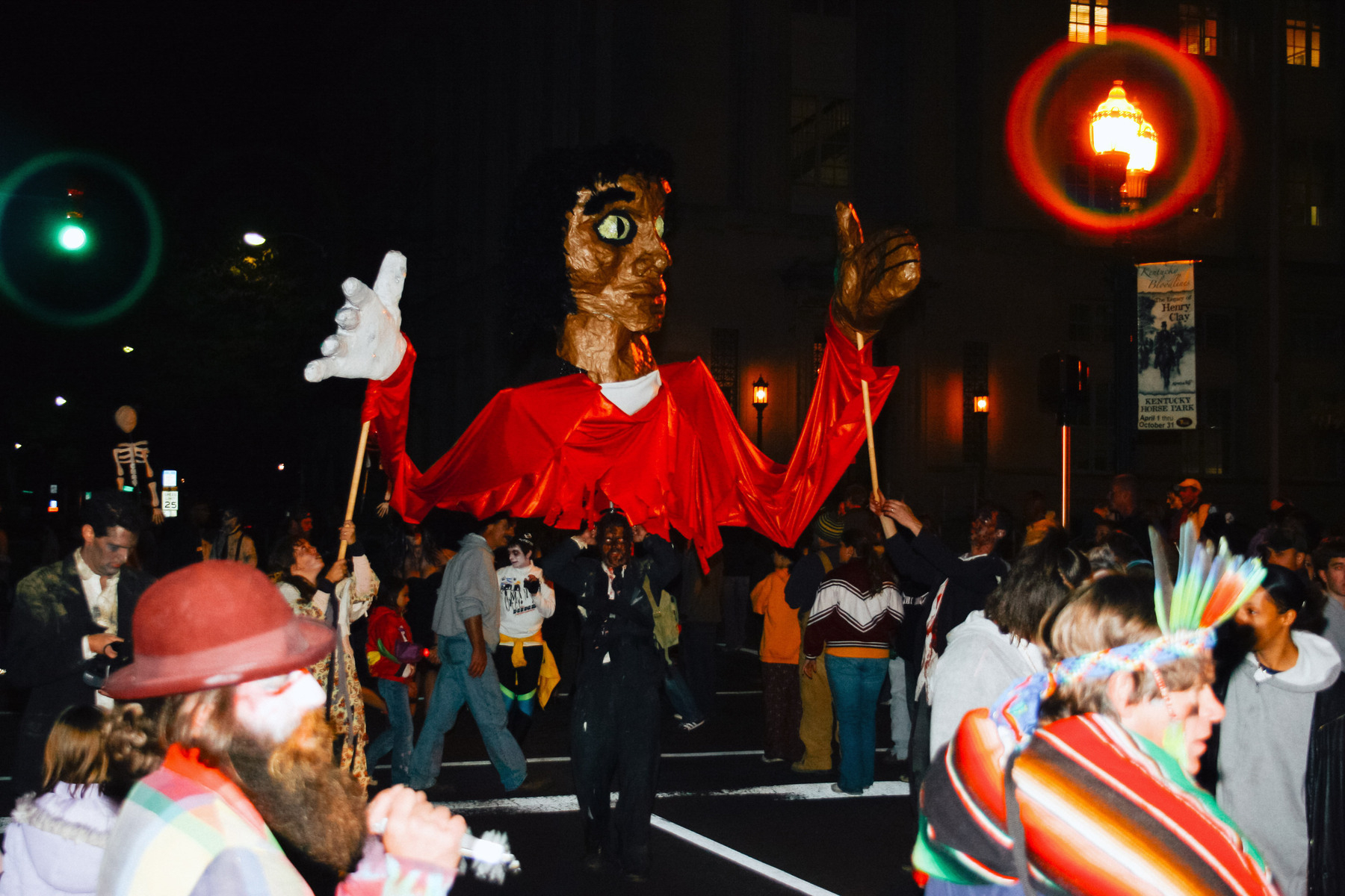 Large paper mache figure of Michael Jackson in a night time parade - Canon 20D