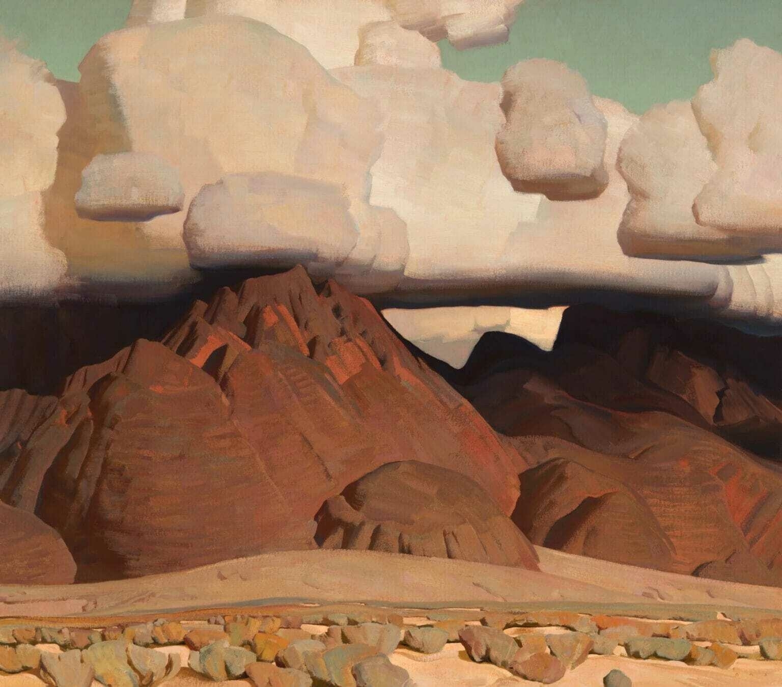 a painting of heavy clouds over a mountain