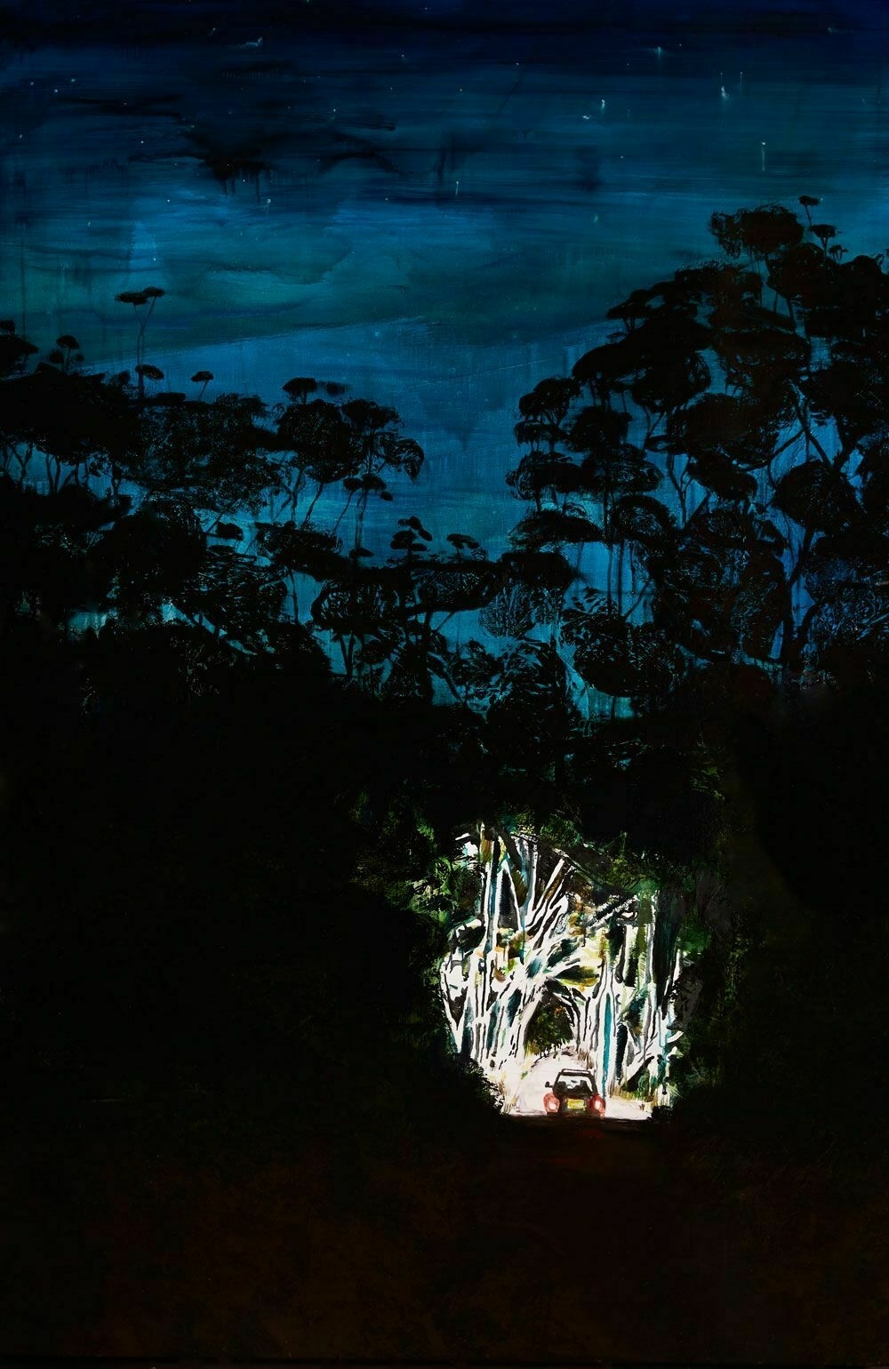 a painting of a car driving down a dark road at night