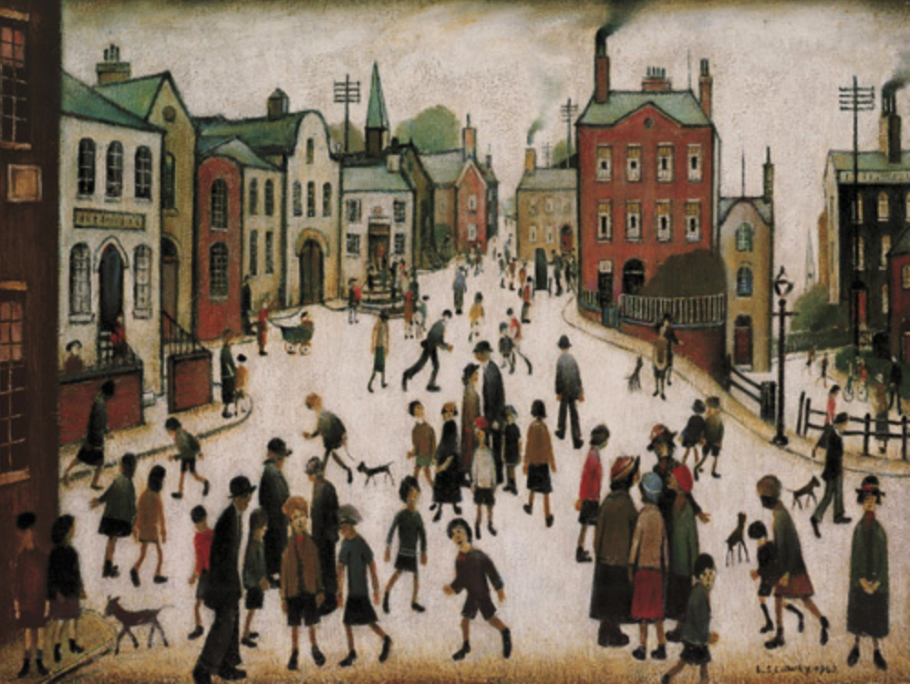 A Village Square (1969) by Laurence Stephen Lowry (1887 - 1976), English artist.