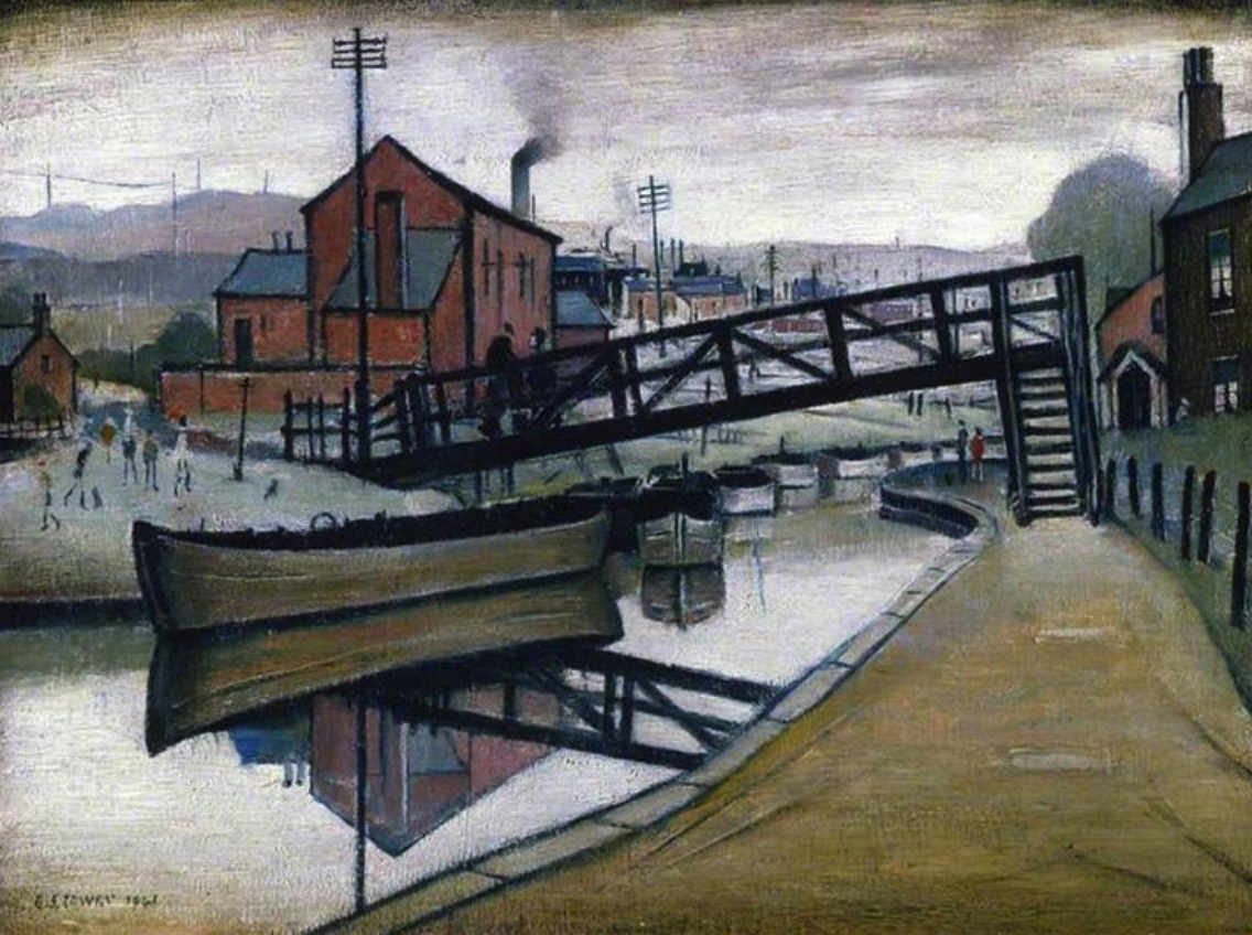 Barges on a Canal (1941) by Laurence Stephen Lowry (1887 - 1976), English artist.