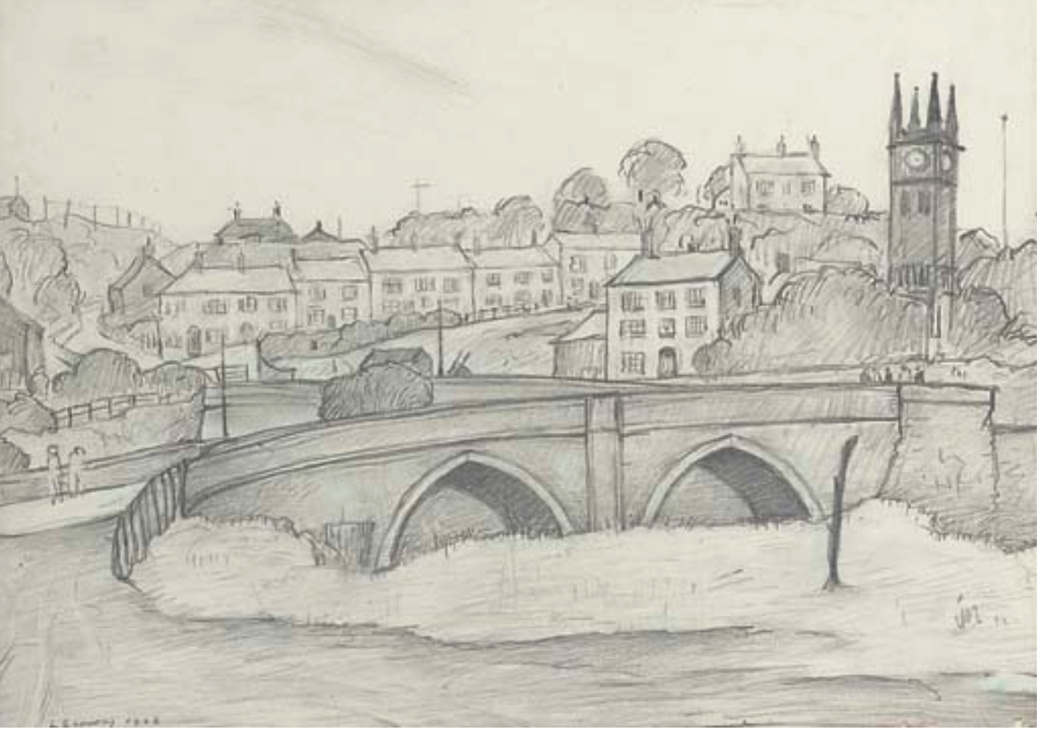 The bridge, Ringley (1926) by Laurence Stephen Lowry (1887 - 1976), English artist.