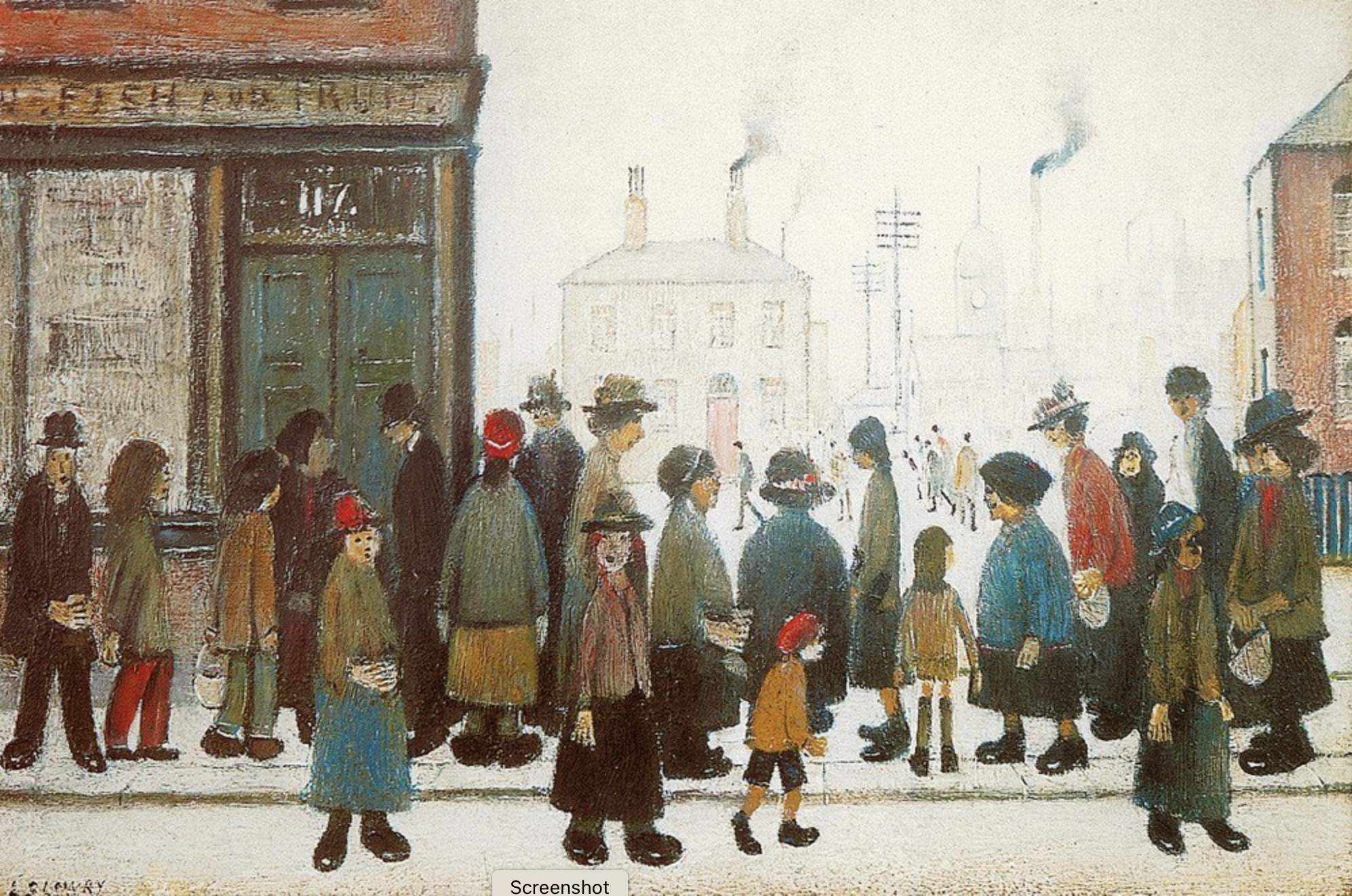 Waiting for the Shops to Open (1943) by Laurence Stephen Lowry (1887 - 1976), English artist.