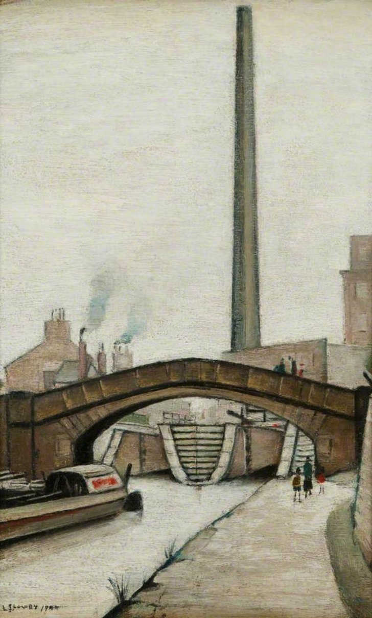 Canal bridge (1944) by Laurence Stephen Lowry (1887 - 1976), English artist.