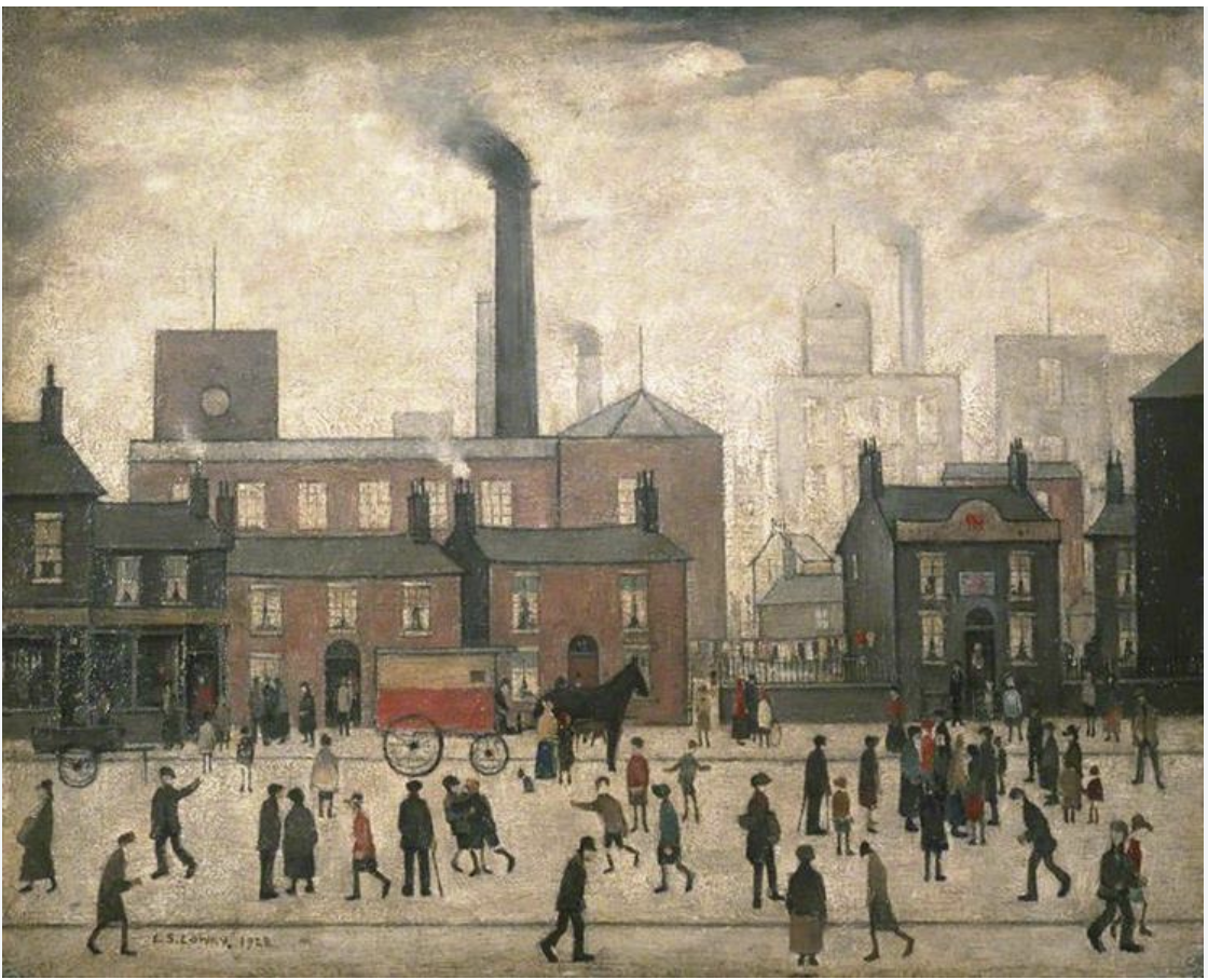 A primitive cityscape background of red brick industrial mills and a large chimney. Foreground shows folk coming and going after finishing their working day.