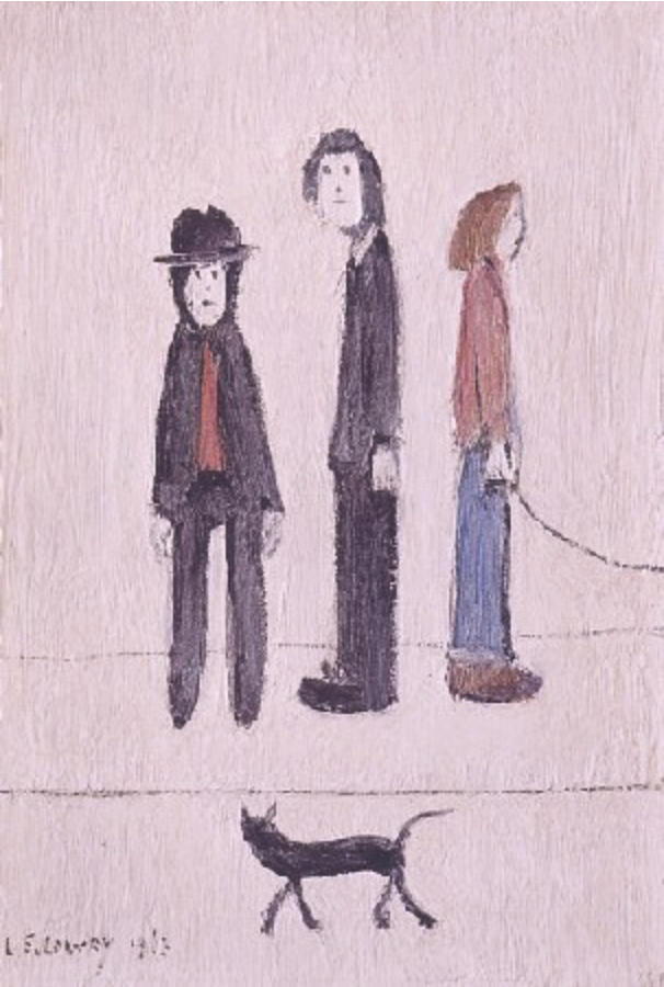 Three Men and a Cat (1971) by Laurence Stephen Lowry (1887 - 1976), English artist.