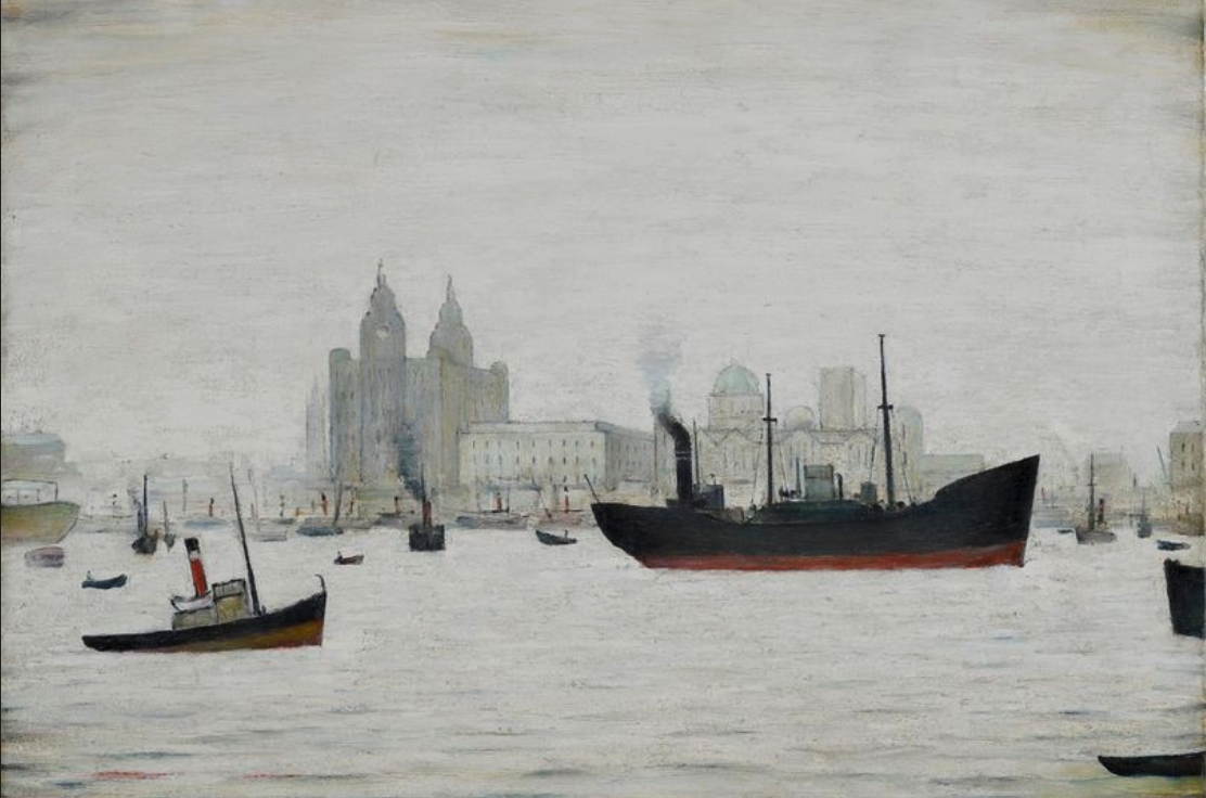 The Liver Buildings, Liverpool (1959) by Laurence Stephen Lowry (1887 - 1976), English artist.