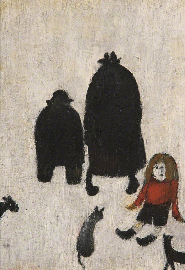 People with Dogs (1965) by Laurence Stephen Lowry (1887 - 1976), English artist.
