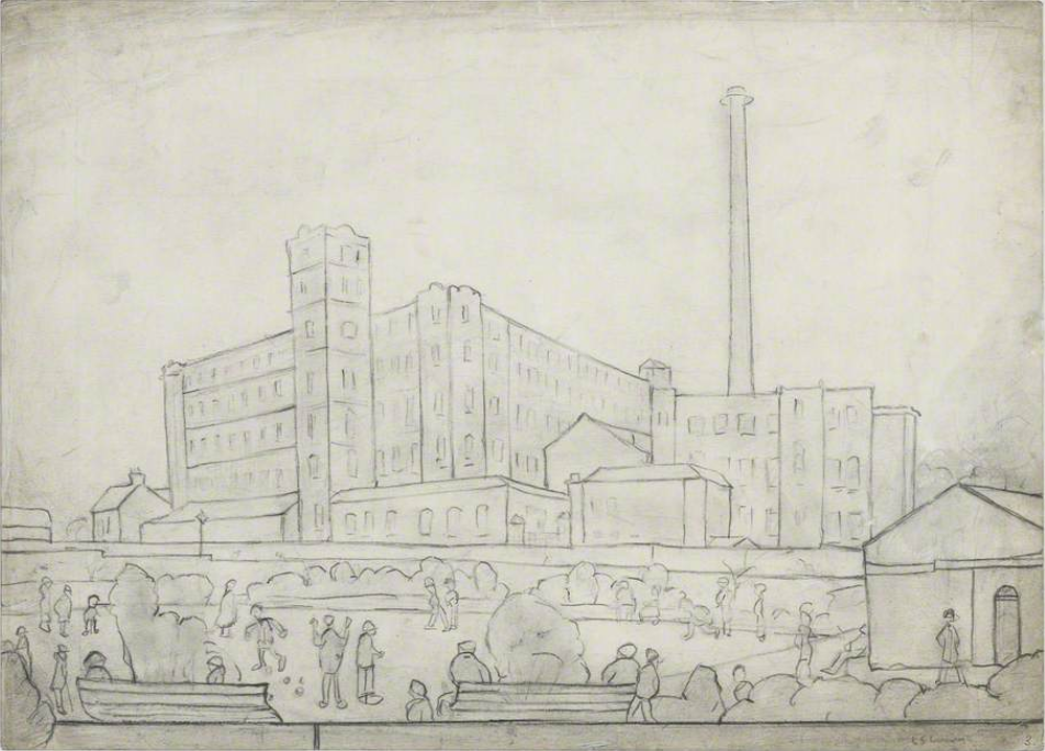 Newtown Mill and Bowling Green (1929) by Laurence Stephen Lowry (1887 - 1976), English artist.