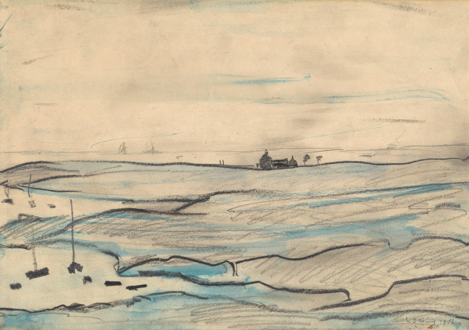 Coastal scene (1956) by Laurence Stephen Lowry (1887 - 1976), English artist.