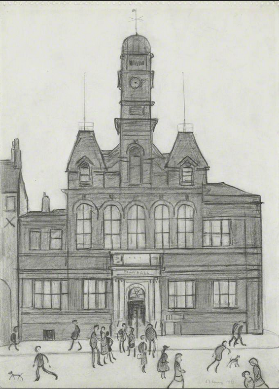 Eccles Town Hall (1963) by Laurence Stephen Lowry (1887 - 1976), English artist.