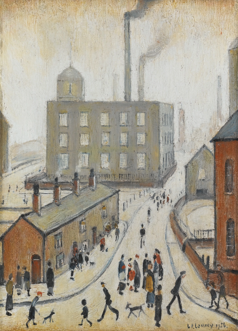 Outside the Factory (1956) by Laurence Stephen Lowry (1887 - 1976), English artist.