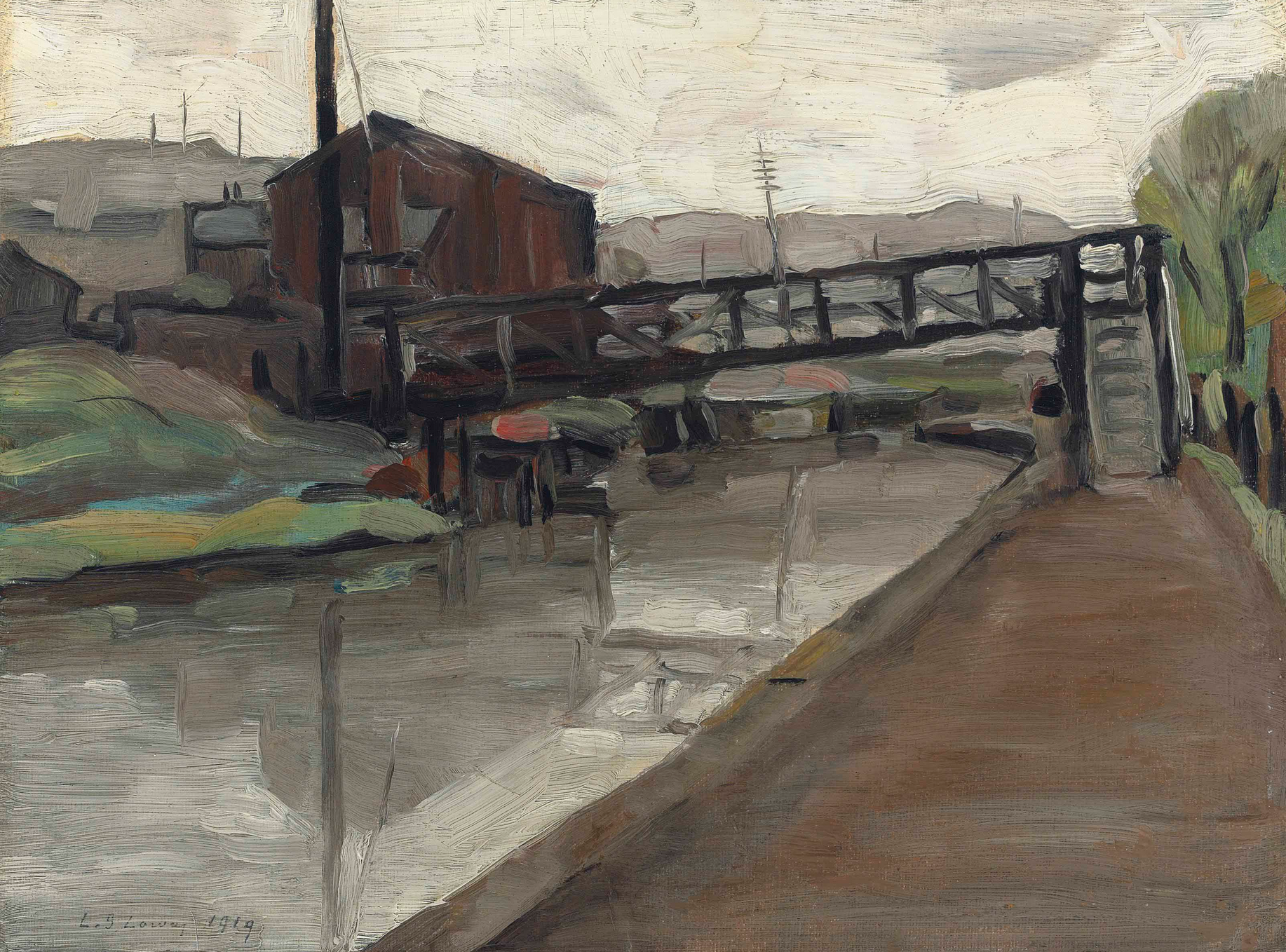 Pendlebury Bridge (1919) by Laurence Stephen Lowry (1887 - 1976), English artist.