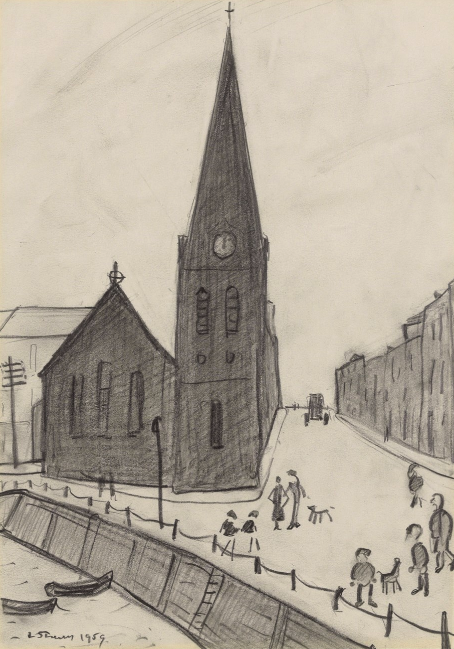 Church on the Quay, Maryport (1959) by Laurence Stephen Lowry (1887 - 1976), English artist.