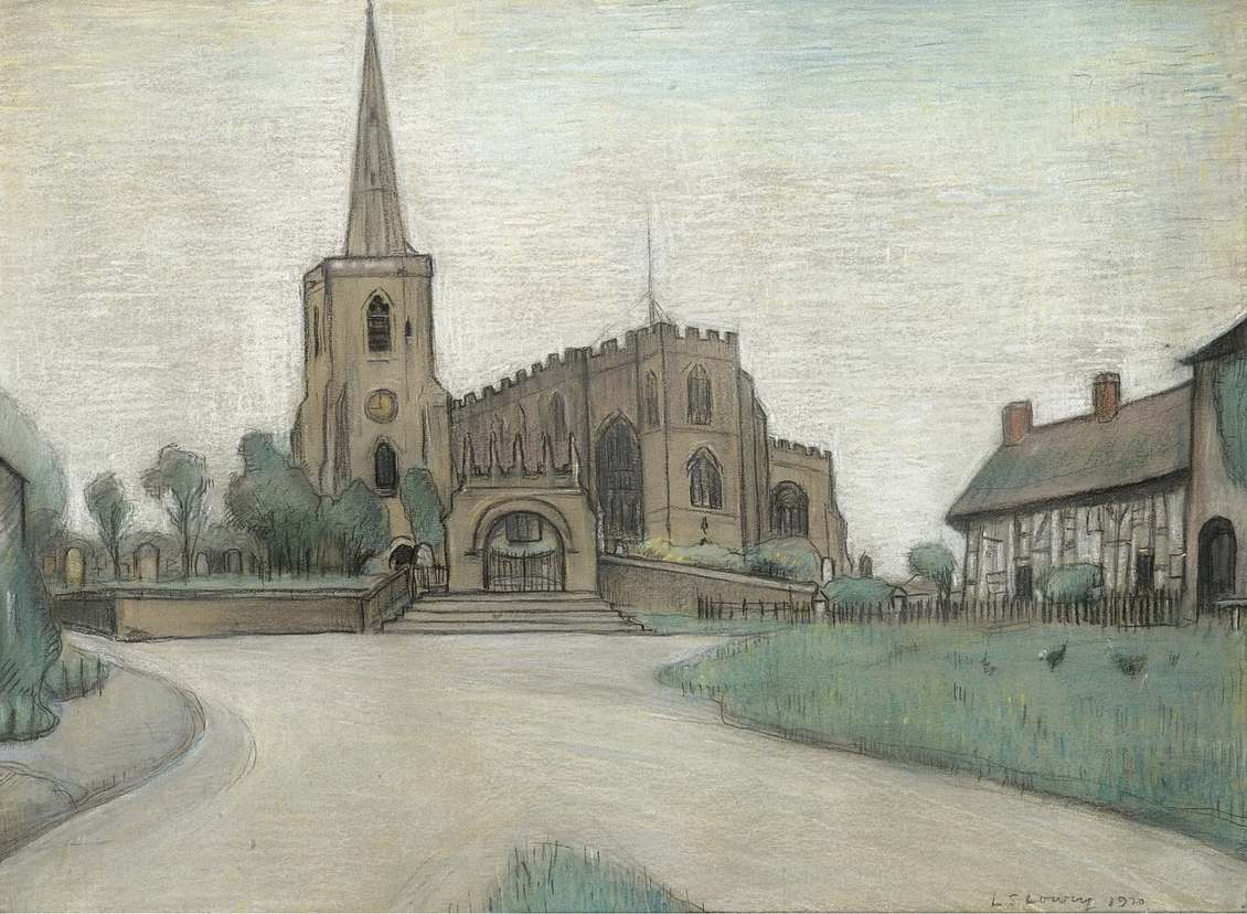 Astbury Church (1920) by Laurence Stephen Lowry (1887 - 1976), English artist.