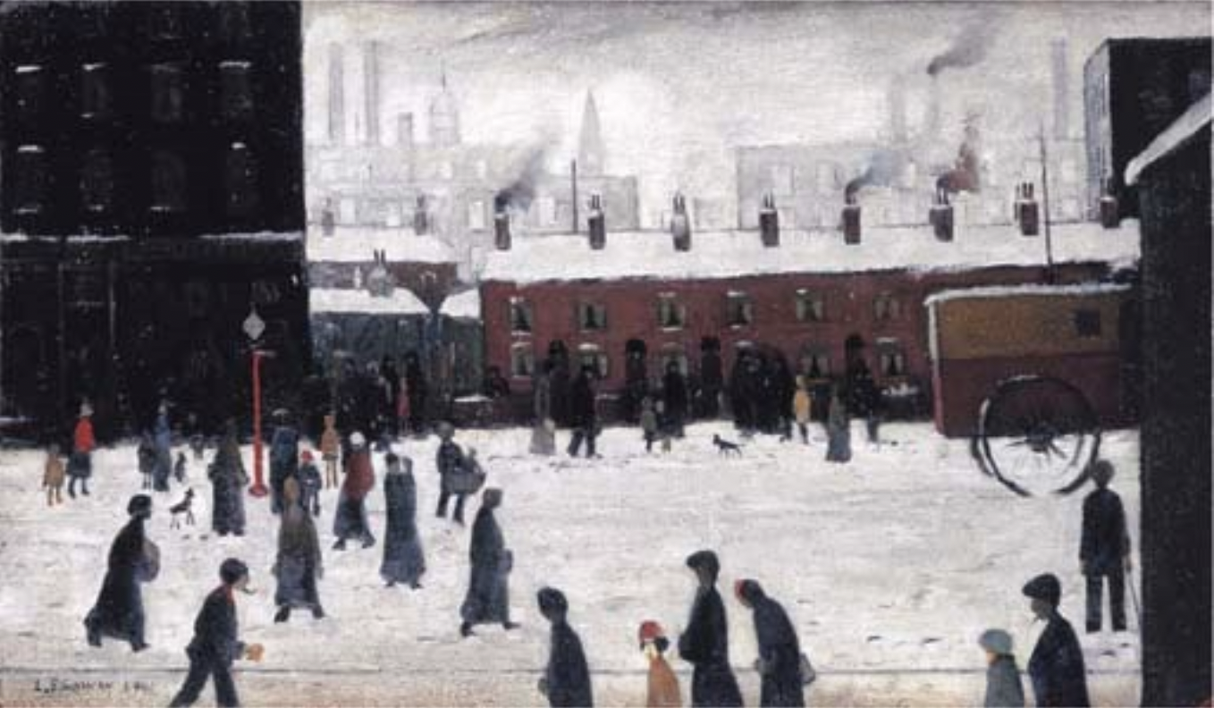 Street scene in the snow (1941) by Laurence Stephen Lowry (1887 - 1976), English artist.