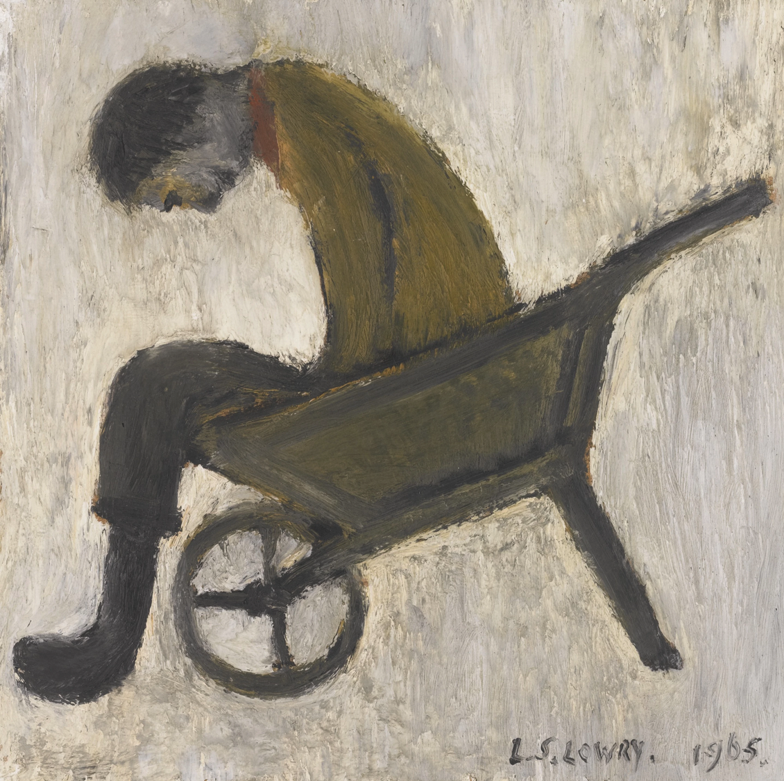 Man Sitting in a Wheelbarrow (1965) by Laurence Stephen Lowry (1887 - 1976), English artist.