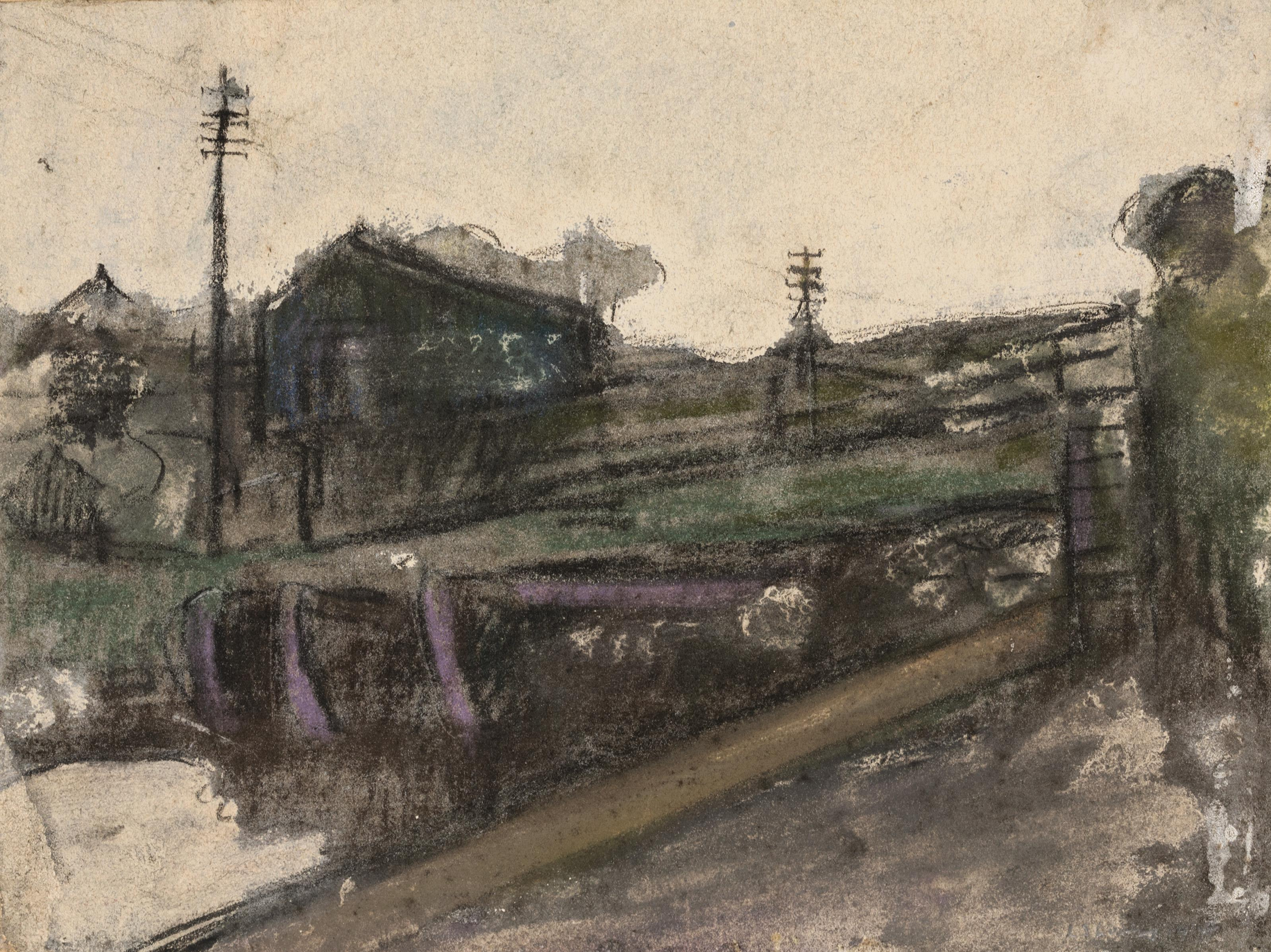 Barges at Clifton Footbridge (indistinctly dated) by Laurence Stephen Lowry (1887 - 1976), English artist.
